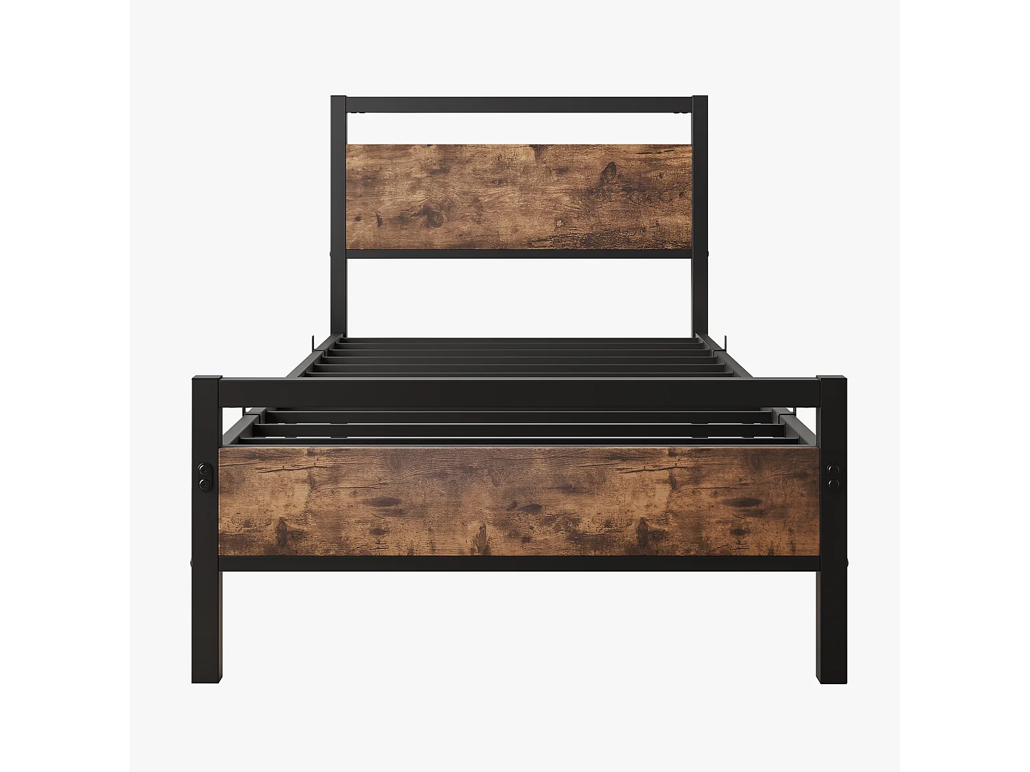 Lit 90/200 cm – sommier à lattes, rangement sous lit 27 cm, tête et pied de lit hauts – MDF métal marron