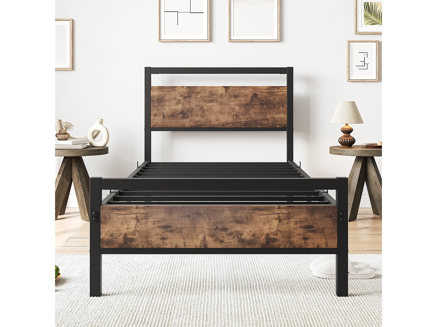 Lit 90/200 cm – sommier à lattes, rangement sous lit 27 cm, tête et pied de lit hauts – MDF métal marron