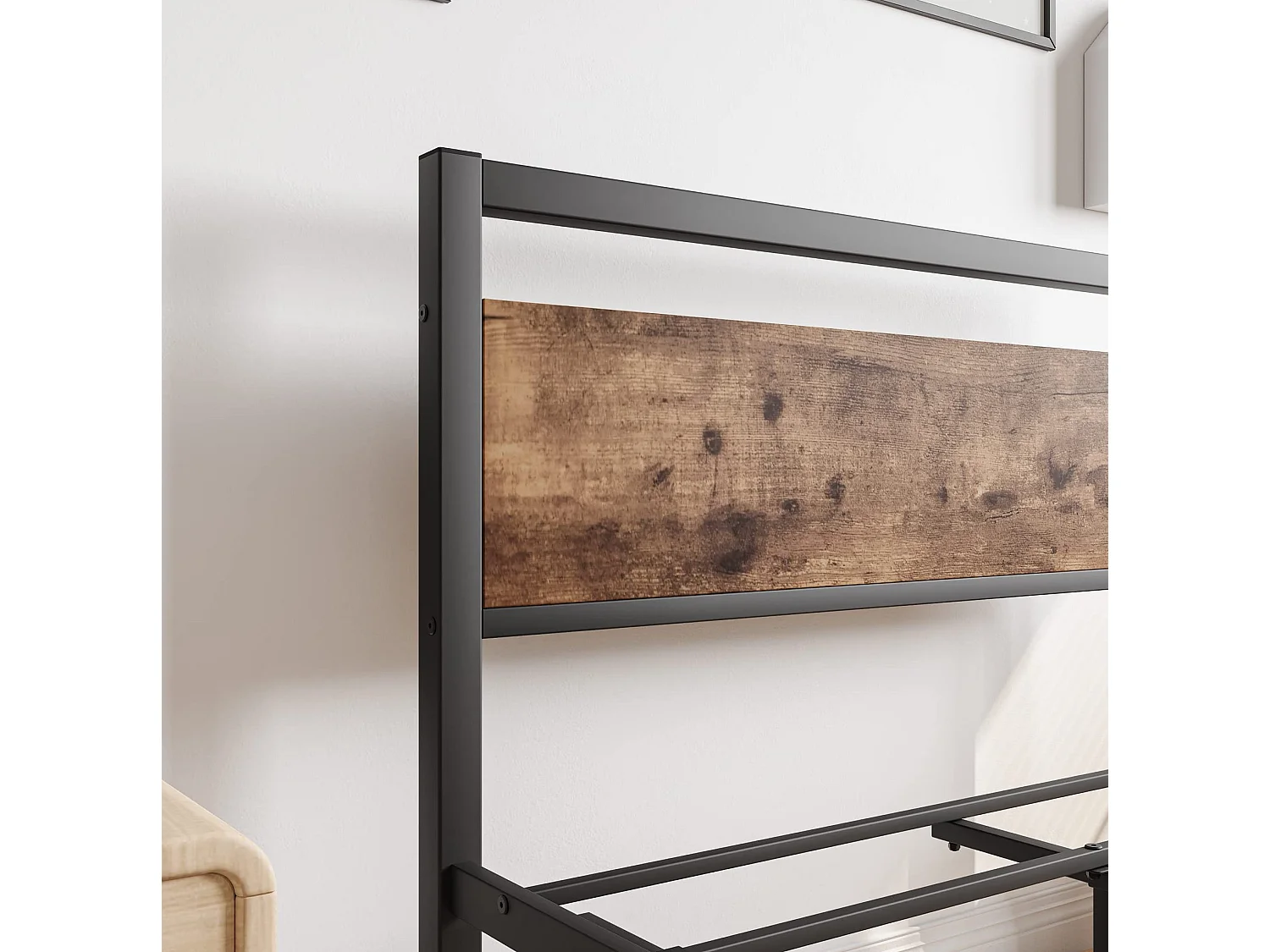 Lit 90/200 cm – sommier à lattes, rangement sous lit 27 cm, tête et pied de lit hauts – MDF métal marron