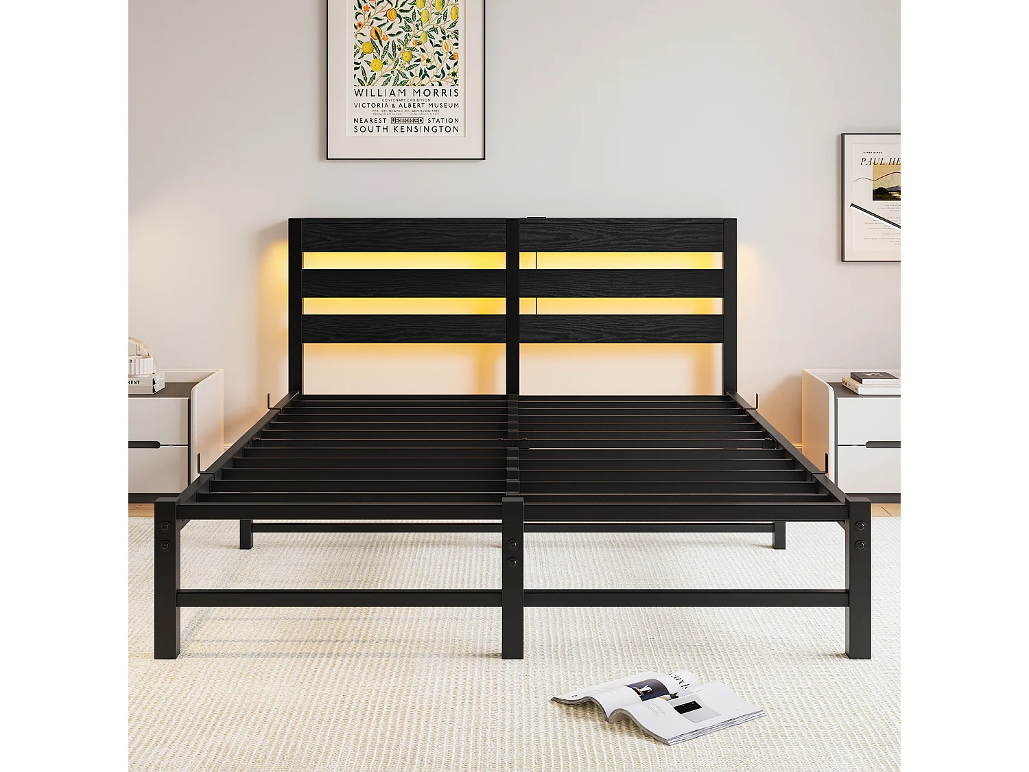 Cadre de lit 140/200 cm – LED RGB, 2 ports USB, rangement sous le lit – Métal et bois noir – Matelas non inclus
