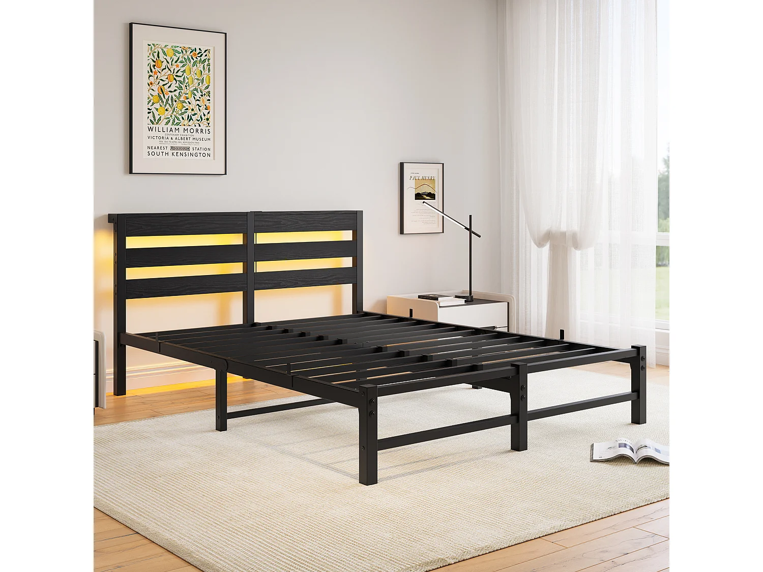 Cadre de lit 140/200 cm – LED RGB, 2 ports USB, rangement sous le lit – Métal et bois noir – Matelas non inclus