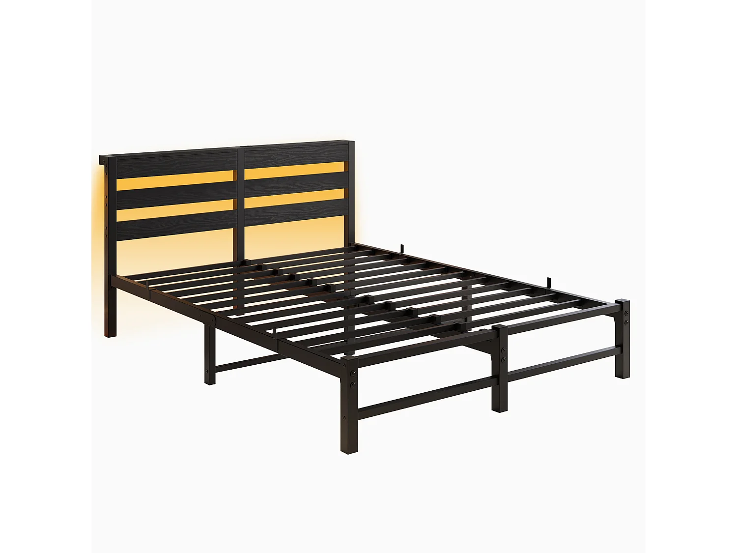 Cadre de lit 140/200 cm – LED RGB, 2 ports USB, rangement sous le lit – Métal et bois noir – Matelas non inclus