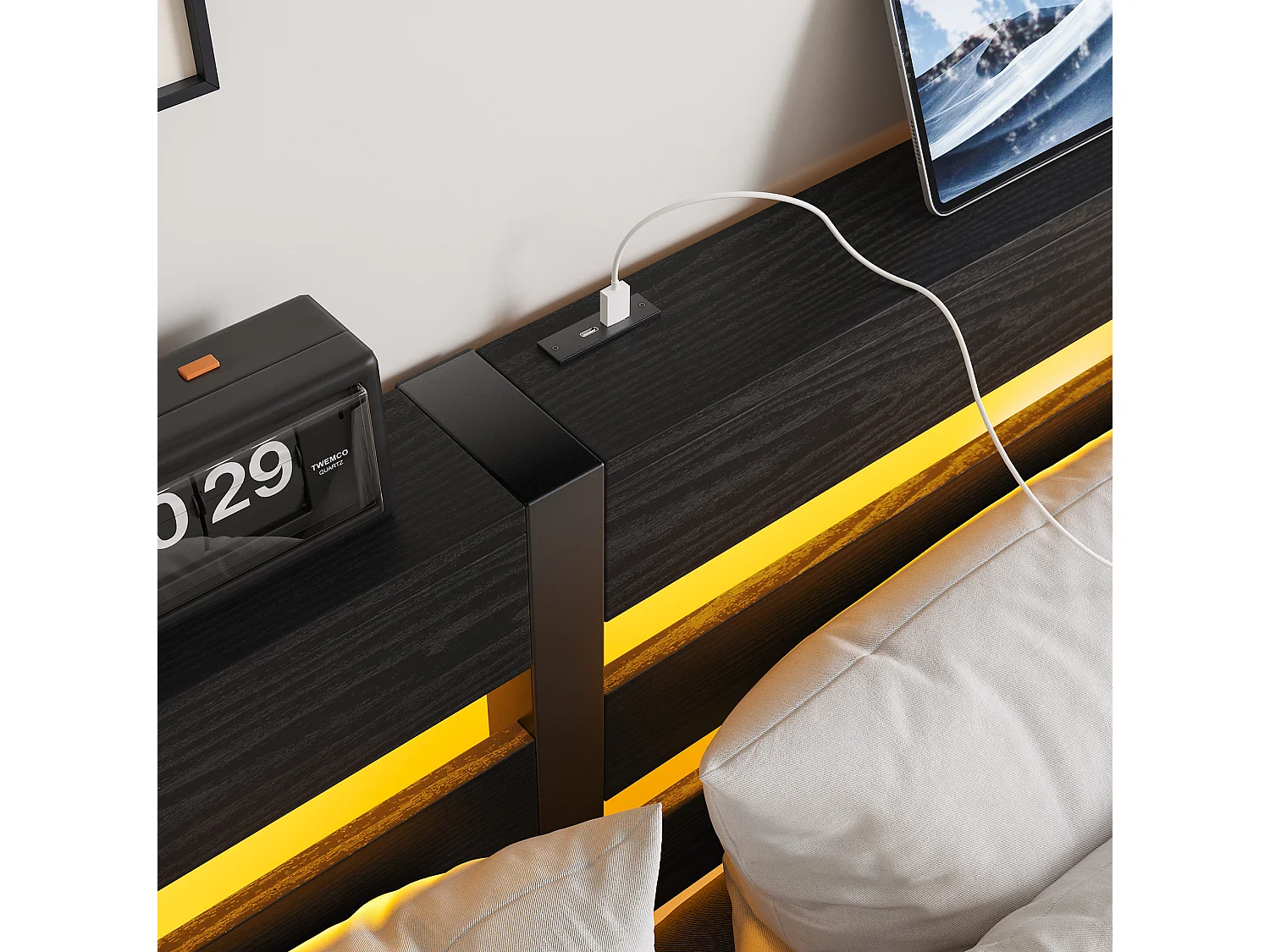 Cadre de lit 140/200 cm – LED RGB, 2 ports USB, rangement sous le lit – Métal et bois noir – Matelas non inclus