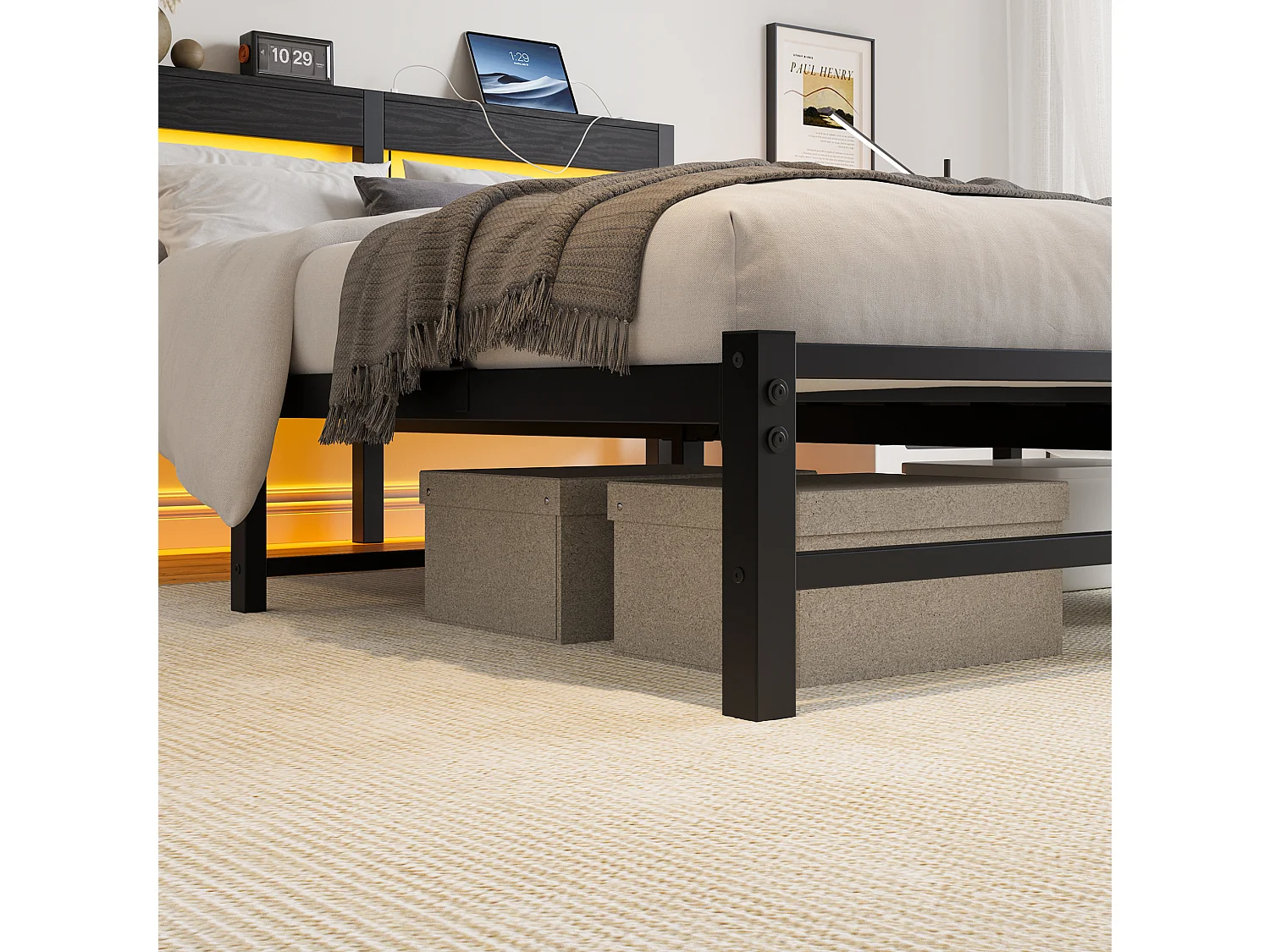 Cadre de lit 140/200 cm – LED RGB, 2 ports USB, rangement sous le lit – Métal et bois noir – Matelas non inclus