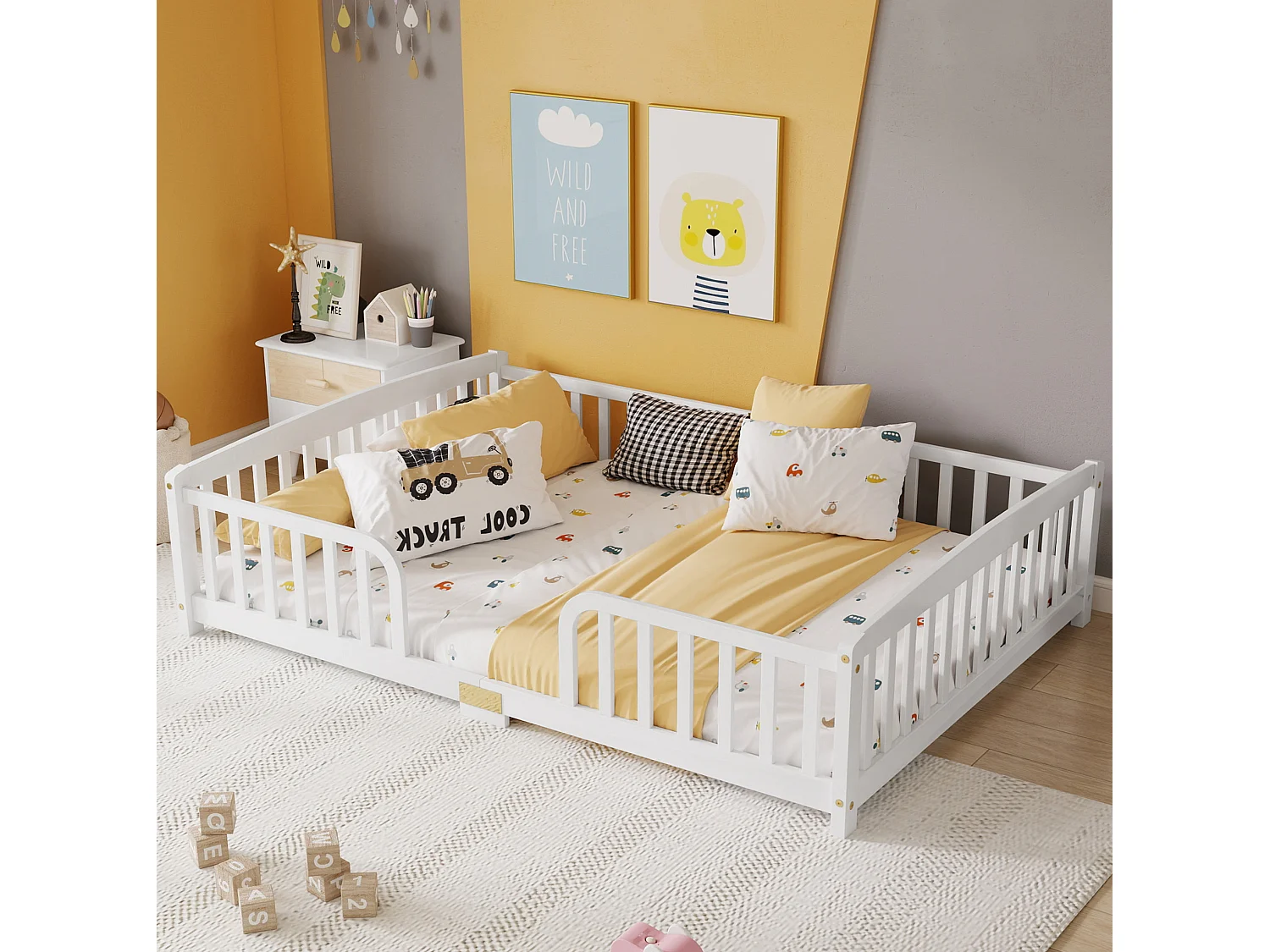 Lit au sol 140/200 cm – barrières de sécurité, entrée centrale, structure basse – Pin blanc – Matelas non inclus