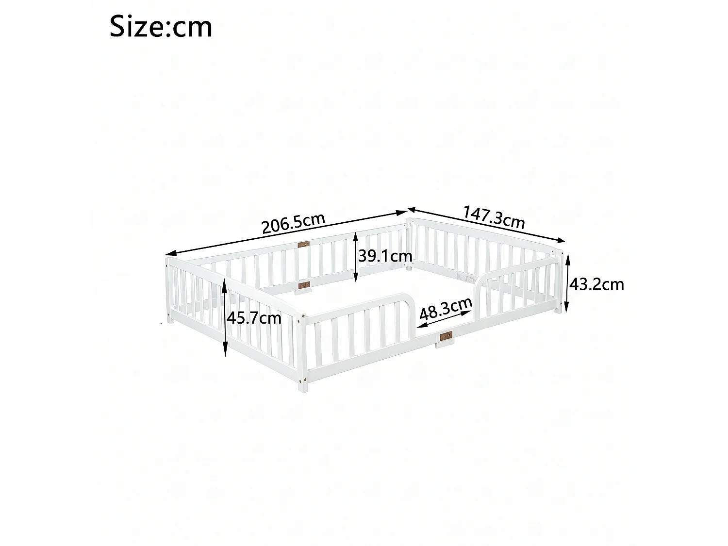Lit au sol 140/200 cm – barrières de sécurité, entrée centrale, structure basse – Pin blanc – Matelas non inclus