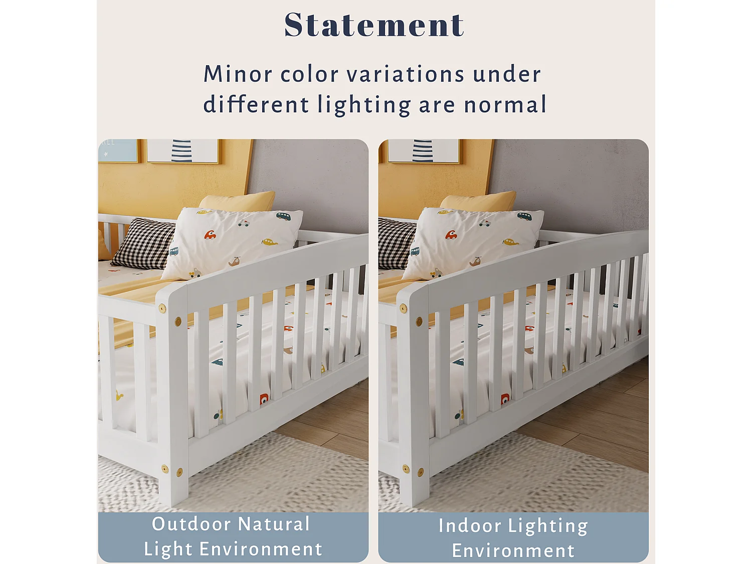 Lit au sol 140/200 cm – barrières de sécurité, entrée centrale, structure basse – Pin blanc – Matelas non inclus