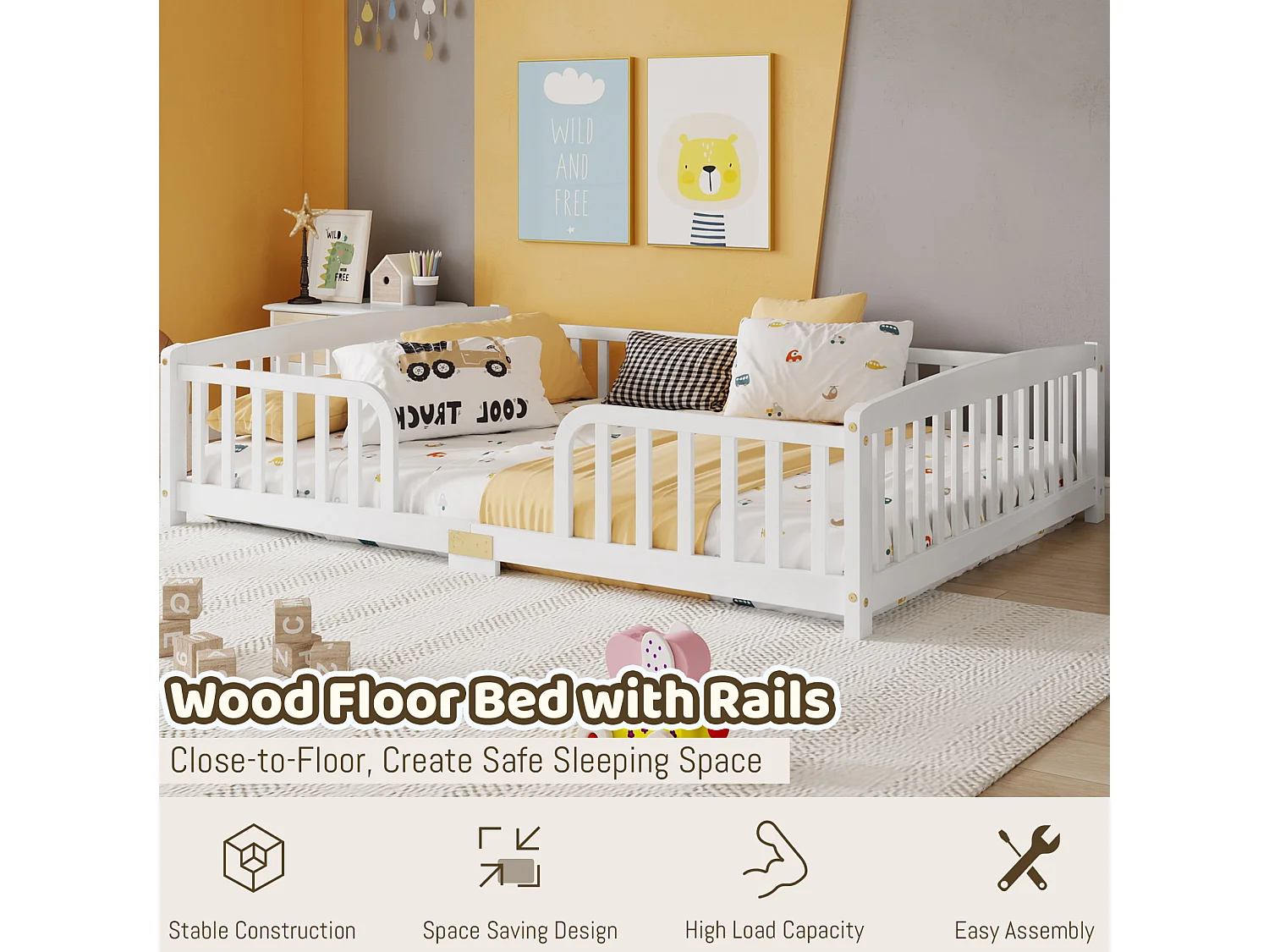 Lit au sol 140/200 cm – barrières de sécurité, entrée centrale, structure basse – Pin blanc – Matelas non inclus