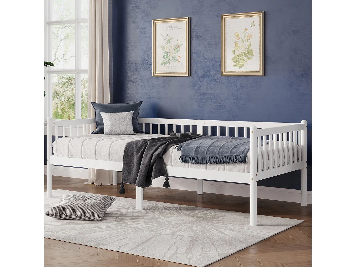 Lit banquette 208.5/97.3/72.4 cm – 3 côtés avec barrières, 14 lattes, rangement sous le lit – Pin blanc – Matelas non inclus
