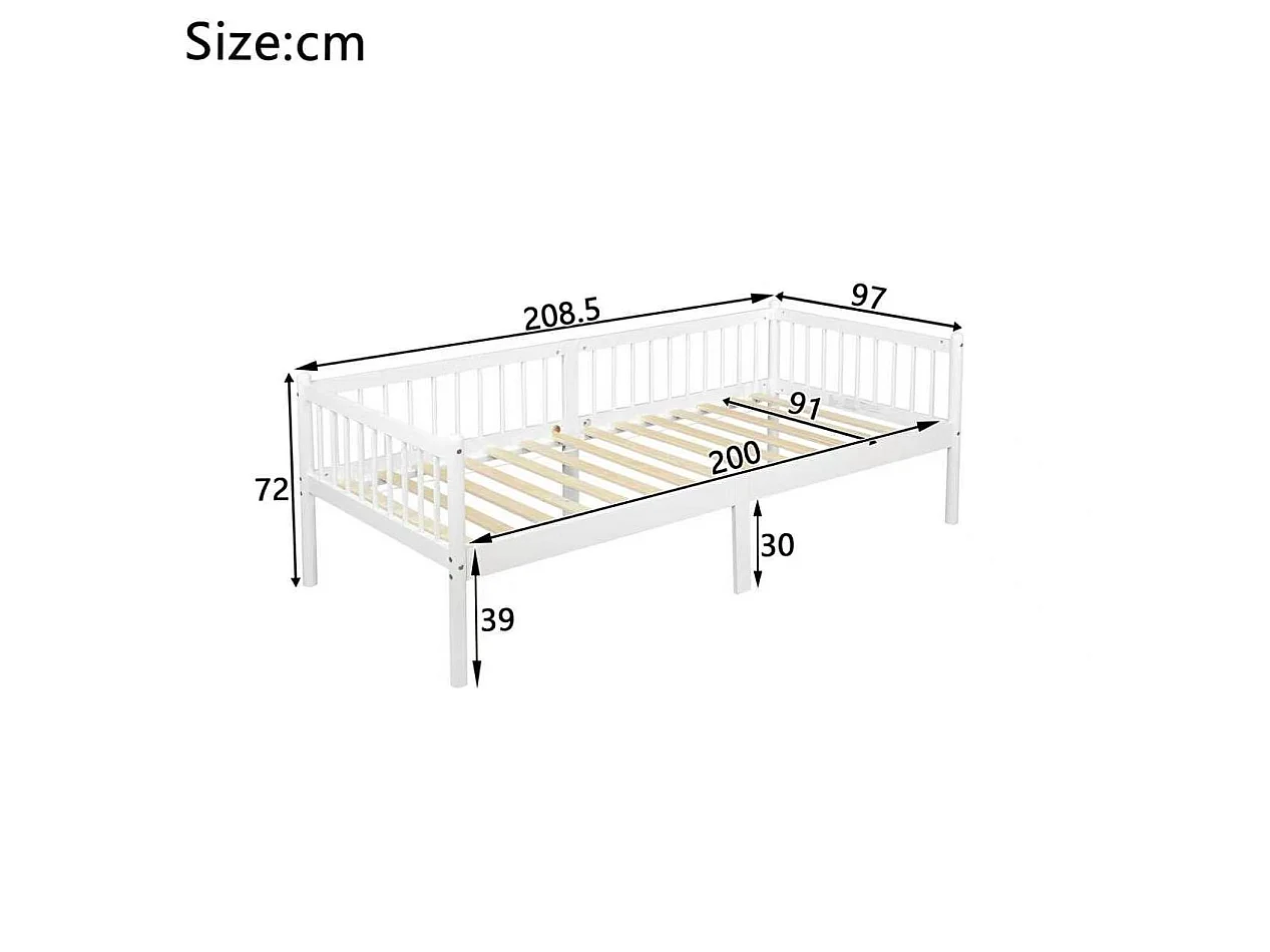 Lit banquette 208.5/97.3/72.4 cm – 3 côtés avec barrières, 14 lattes, rangement sous le lit – Pin blanc – Matelas non inclus