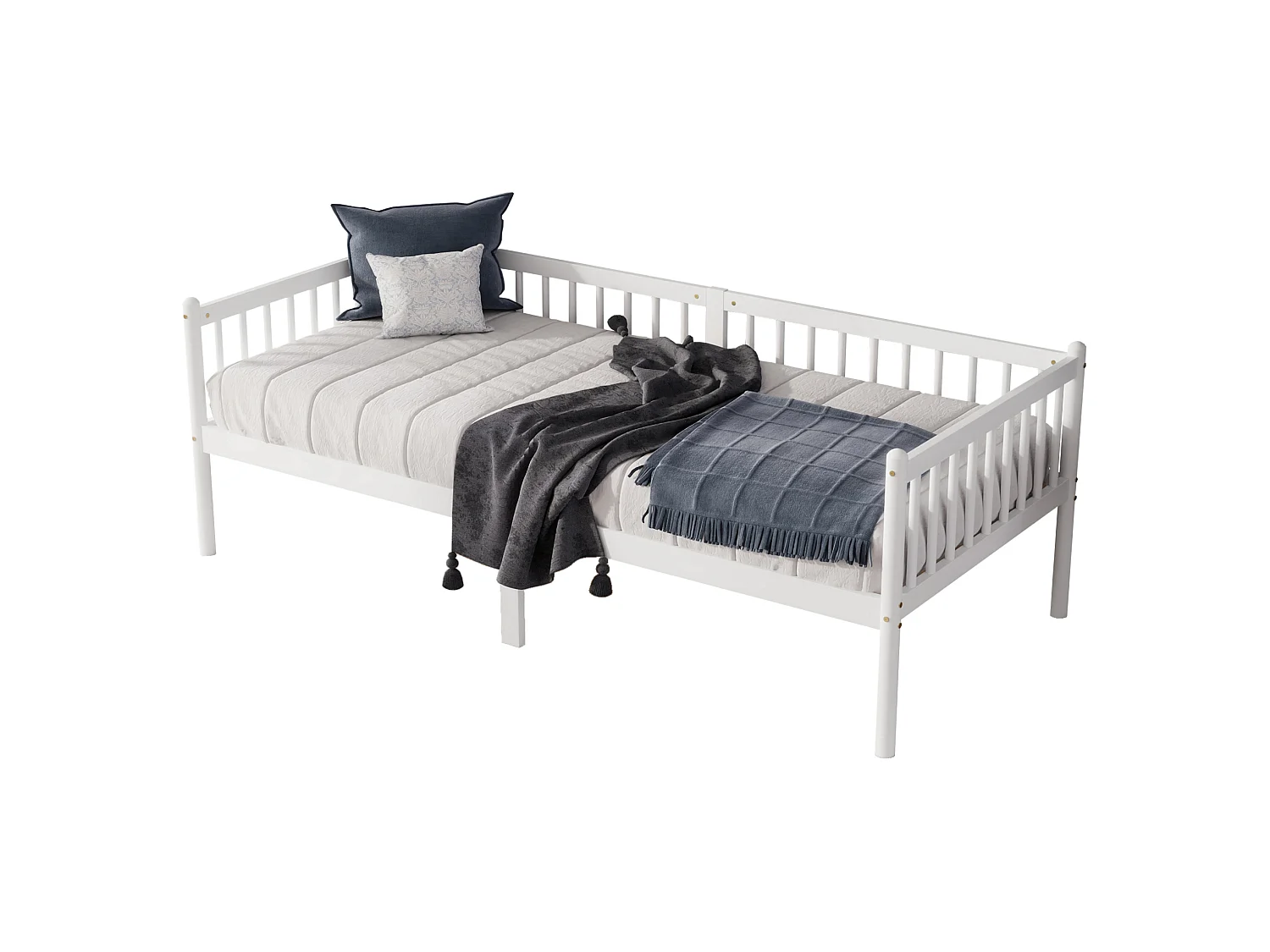 Lit banquette 208.5/97.3/72.4 cm – 3 côtés avec barrières, 14 lattes, rangement sous le lit – Pin blanc – Matelas non inclus