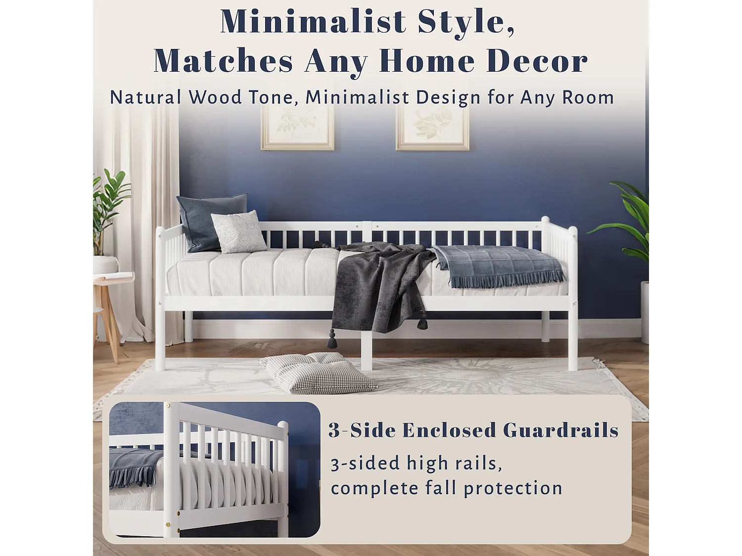 Lit banquette 208.5/97.3/72.4 cm – 3 côtés avec barrières, 14 lattes, rangement sous le lit – Pin blanc – Matelas non inclus