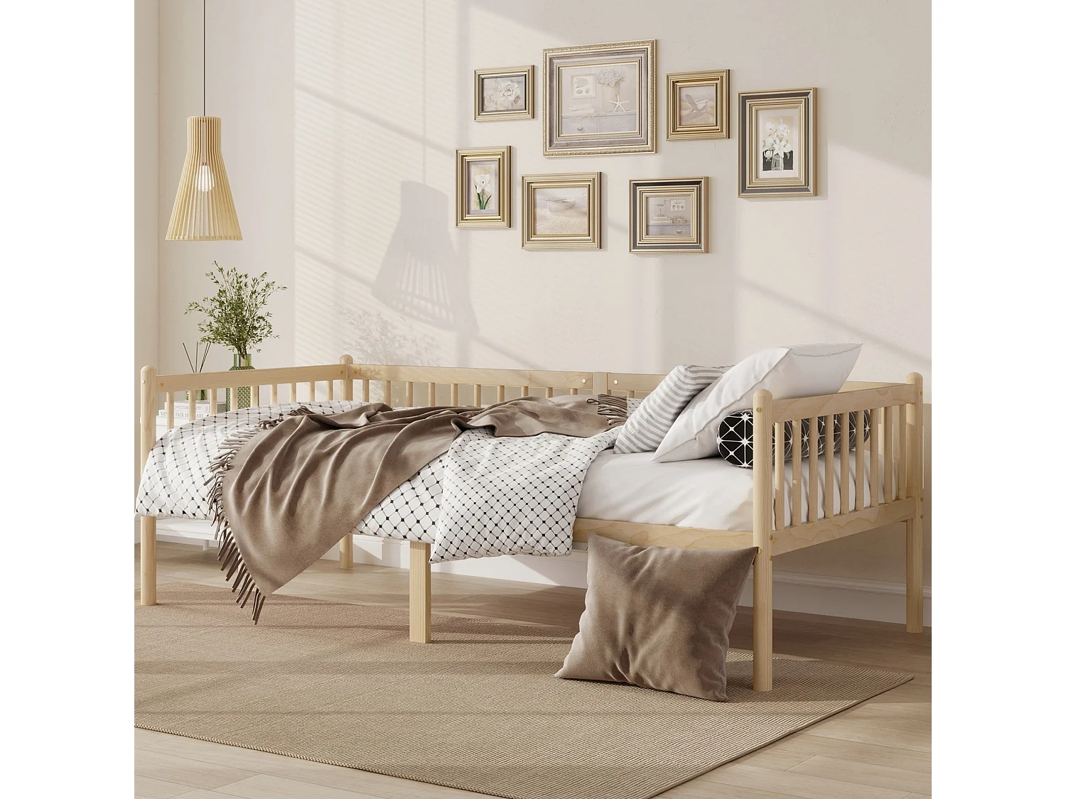 Lit banquette 90/200 cm – barrières 3 côtés, rangement sous lit, 14 lattes – Pin naturel – Matelas non inclus