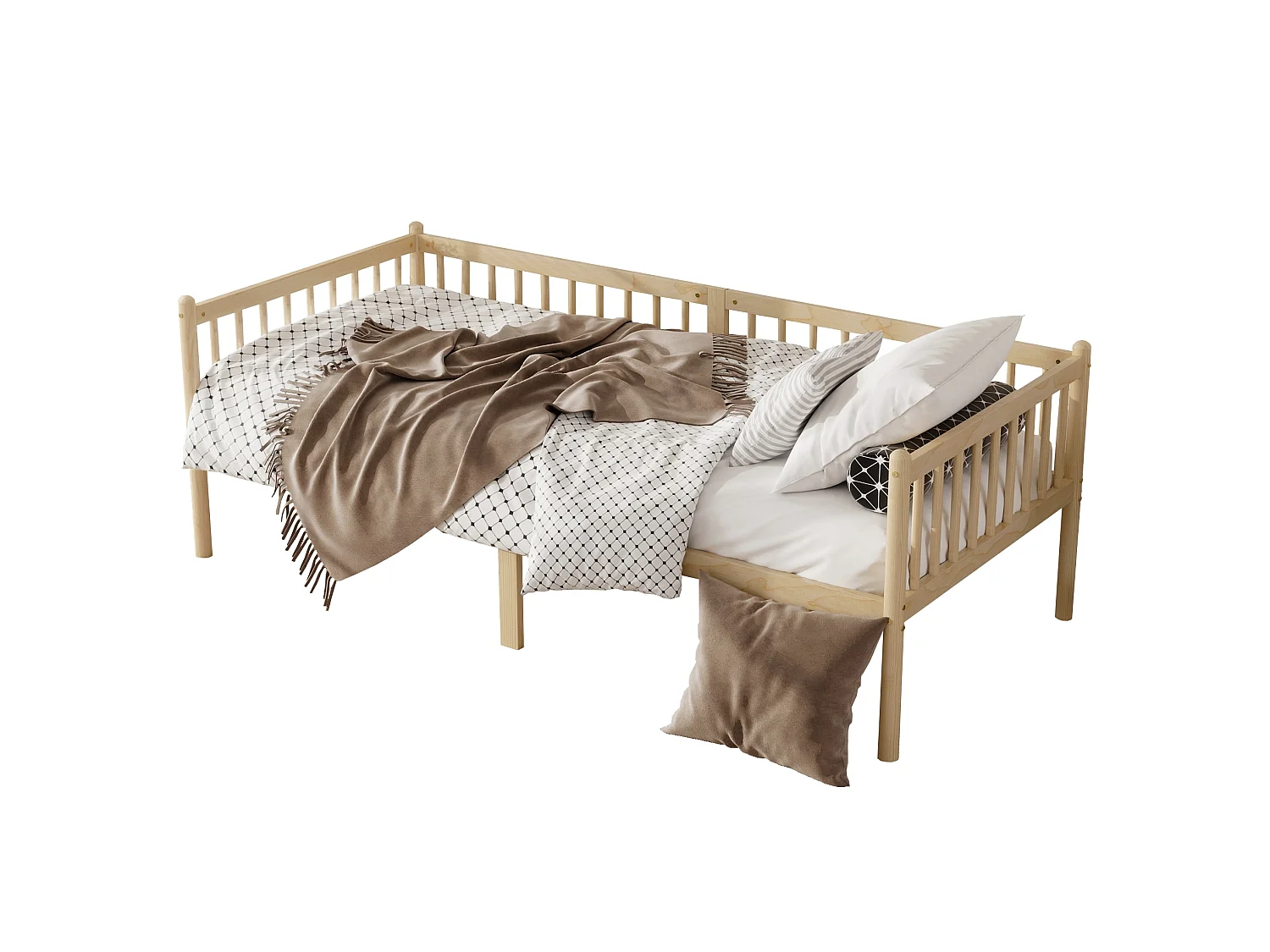 Lit banquette 90/200 cm – barrières 3 côtés, rangement sous lit, 14 lattes – Pin naturel – Matelas non inclus