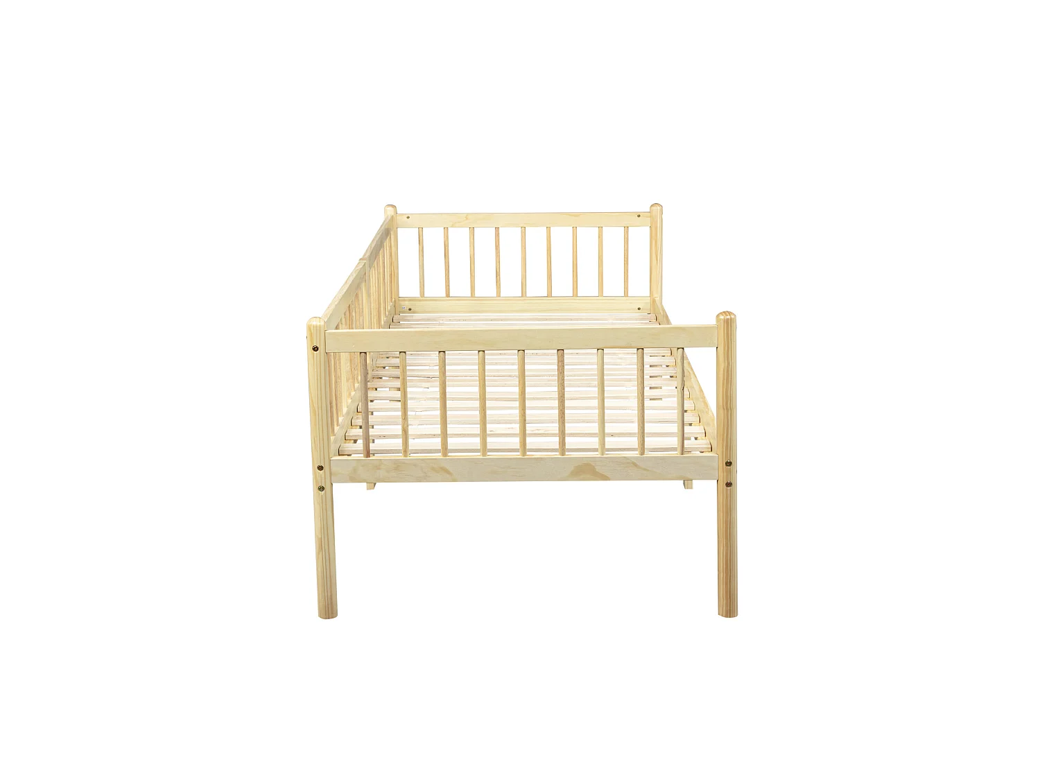 Lit banquette 90/200 cm – barrières 3 côtés, rangement sous lit, 14 lattes – Pin naturel – Matelas non inclus
