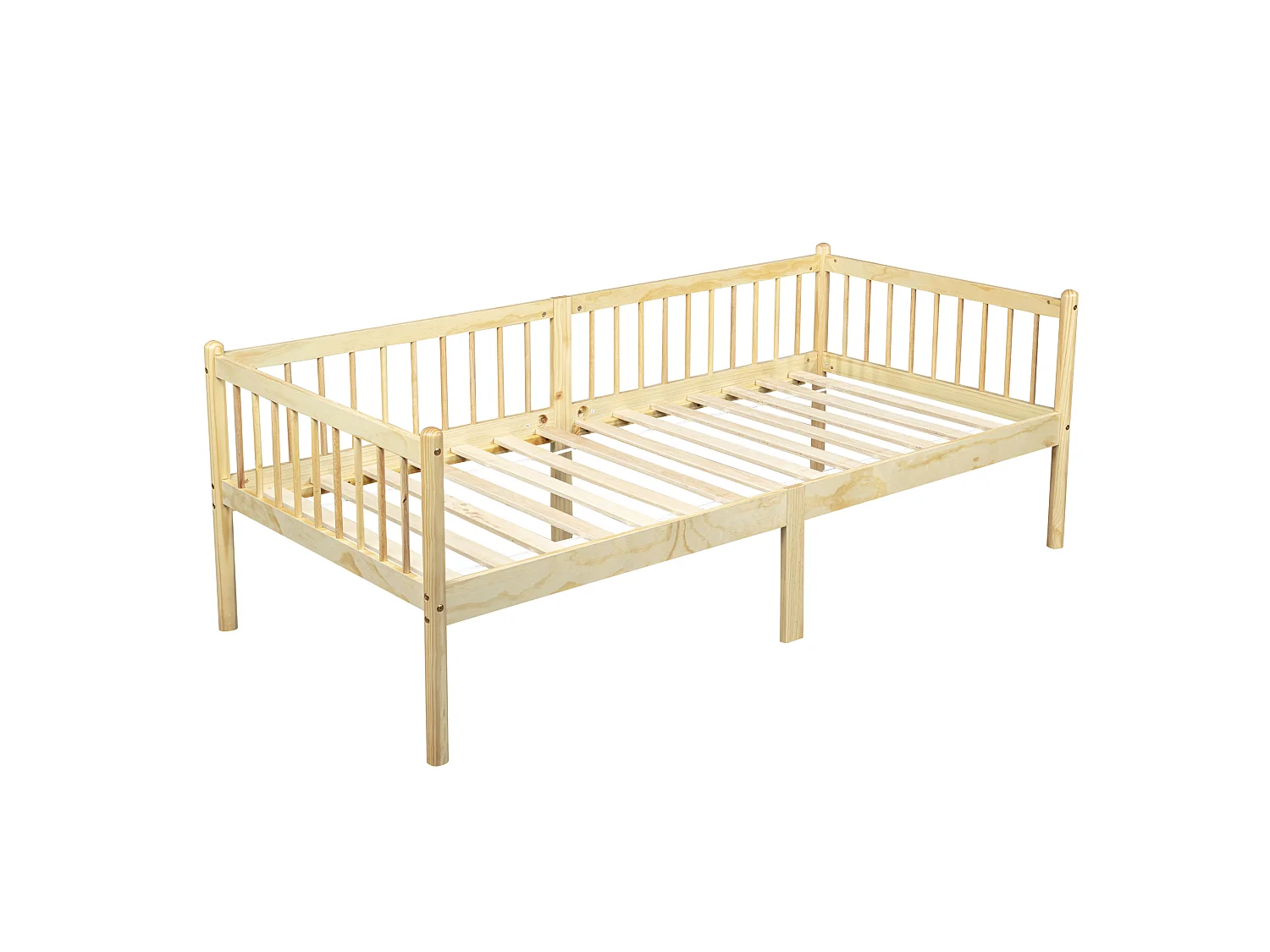 Lit banquette 90/200 cm – barrières 3 côtés, rangement sous lit, 14 lattes – Pin naturel – Matelas non inclus