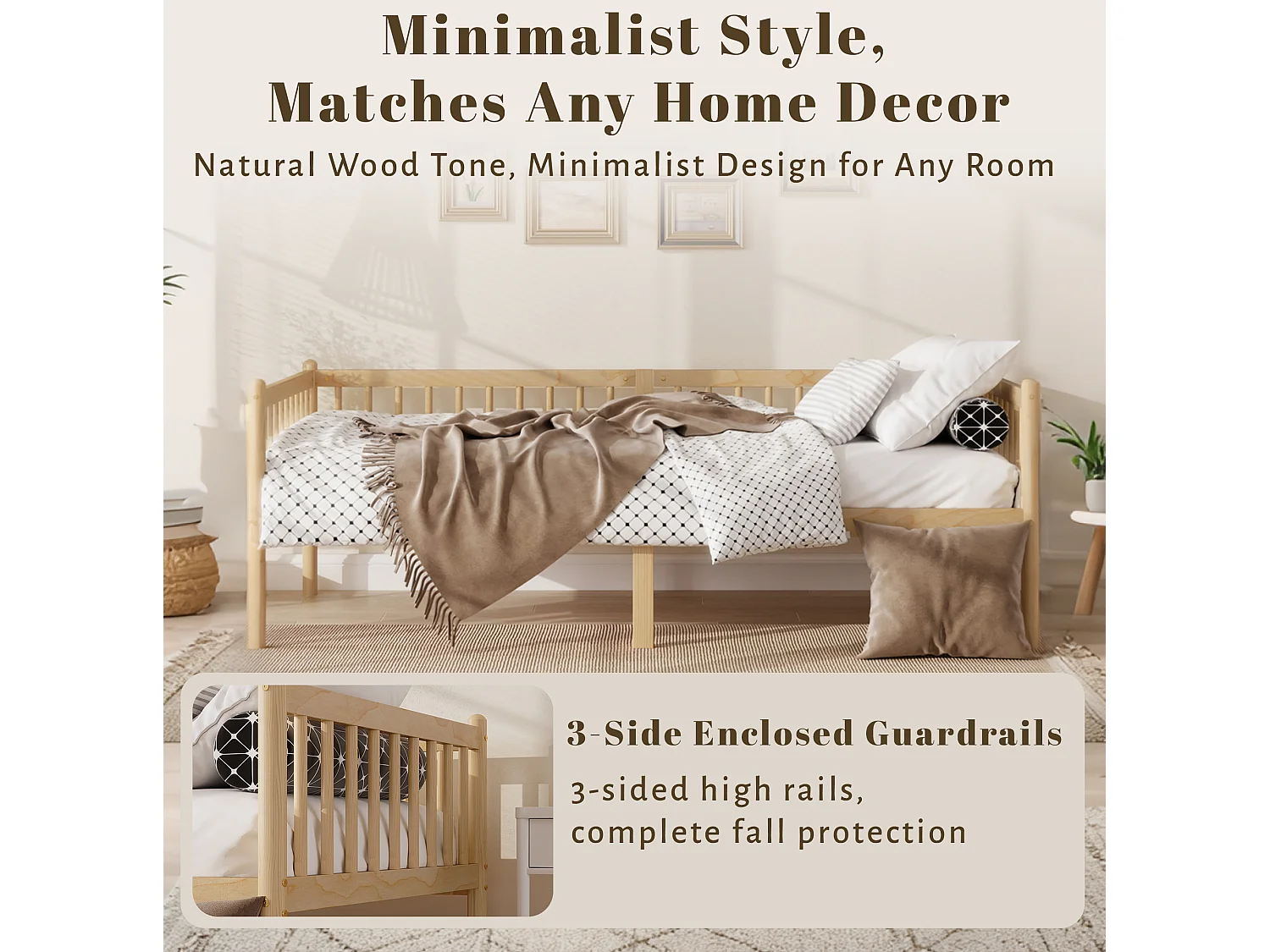 Lit banquette 90/200 cm – barrières 3 côtés, rangement sous lit, 14 lattes – Pin naturel – Matelas non inclus