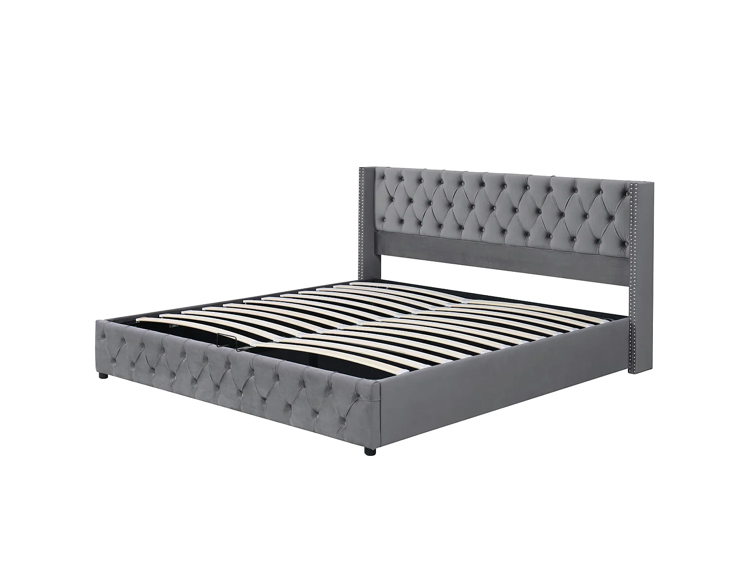 Lit double 160/200 cm – coffre hydraulique, tête de lit capitonnée, clous décoratifs – Velours gris – Matelas non inclus