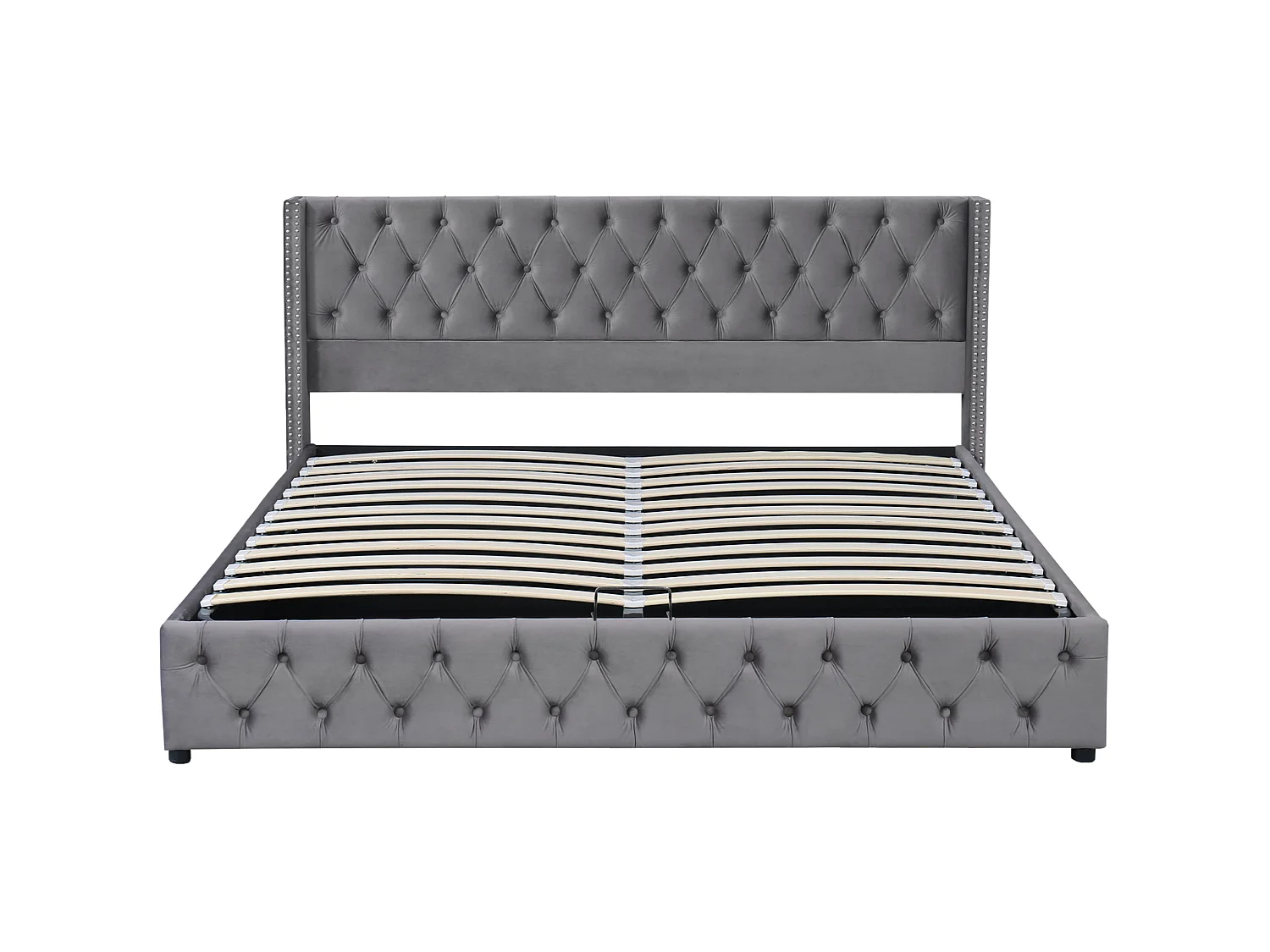 Lit double 160/200 cm – coffre hydraulique, tête de lit capitonnée, clous décoratifs – Velours gris – Matelas non inclus