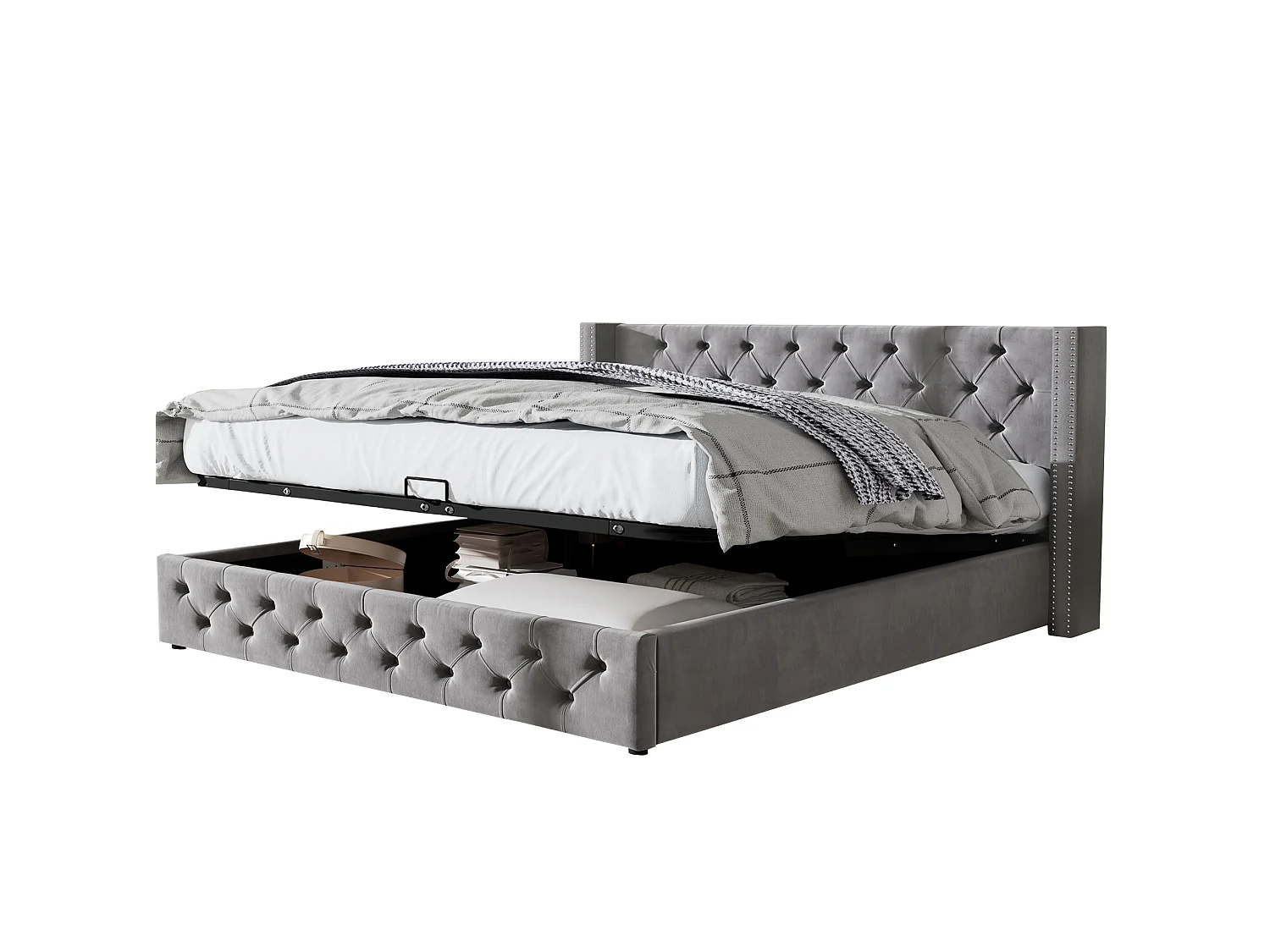 Lit double 160/200 cm – coffre hydraulique, tête de lit capitonnée, clous décoratifs – Velours gris – Matelas non inclus