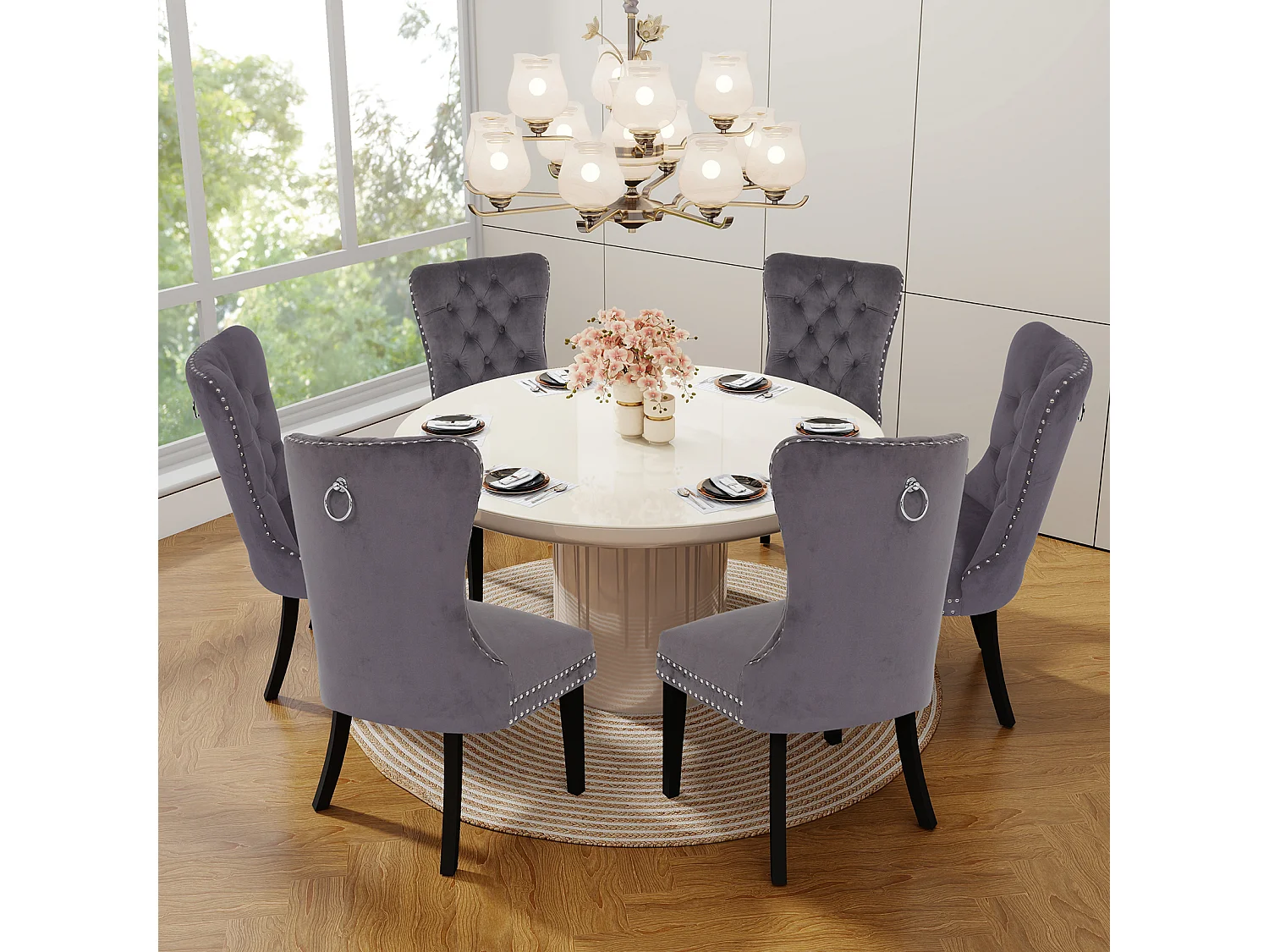 Lot de 6 chaises - Velours et pieds en bois massif - Gris - Puluomis