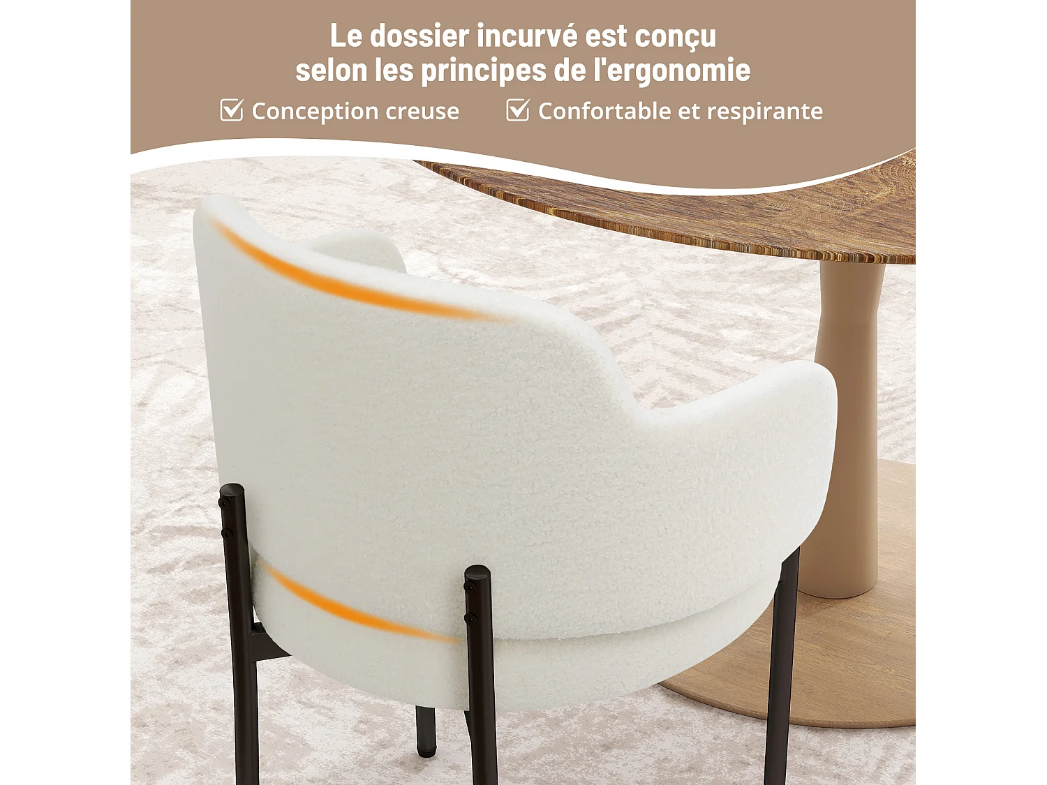 Chaises de Salle à Manger Bouclettes Rembourrées avec Accoudoirs - Dossier Découpé, Éponge Épaisse, Fauteuil Salon Cuisine Coiffeuse, Ergonomique