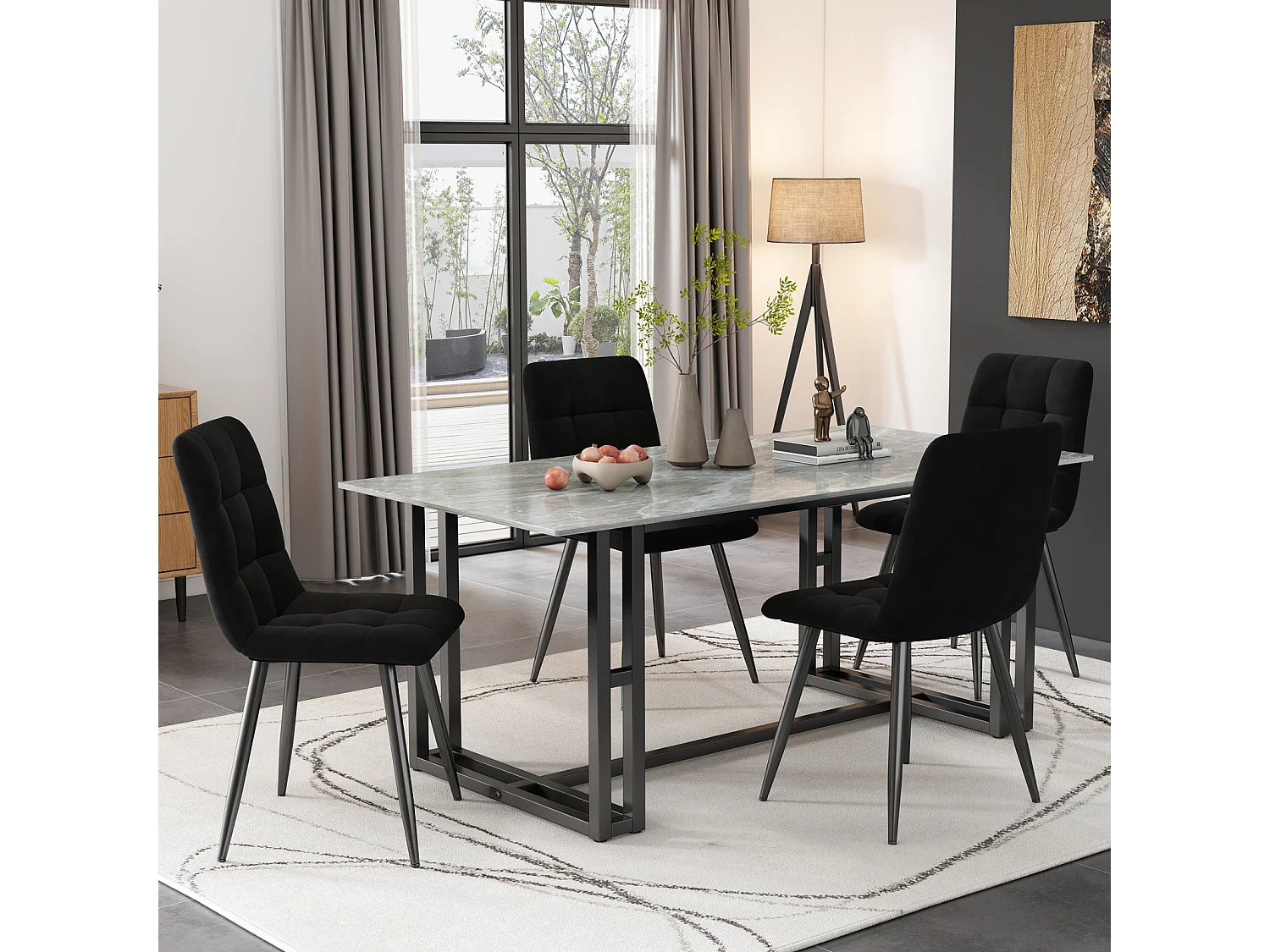 Lot de 4 Chaises de Salle à Manger, Chaises Tapissées avec Pieds en Fer, Salon, Velours, noir