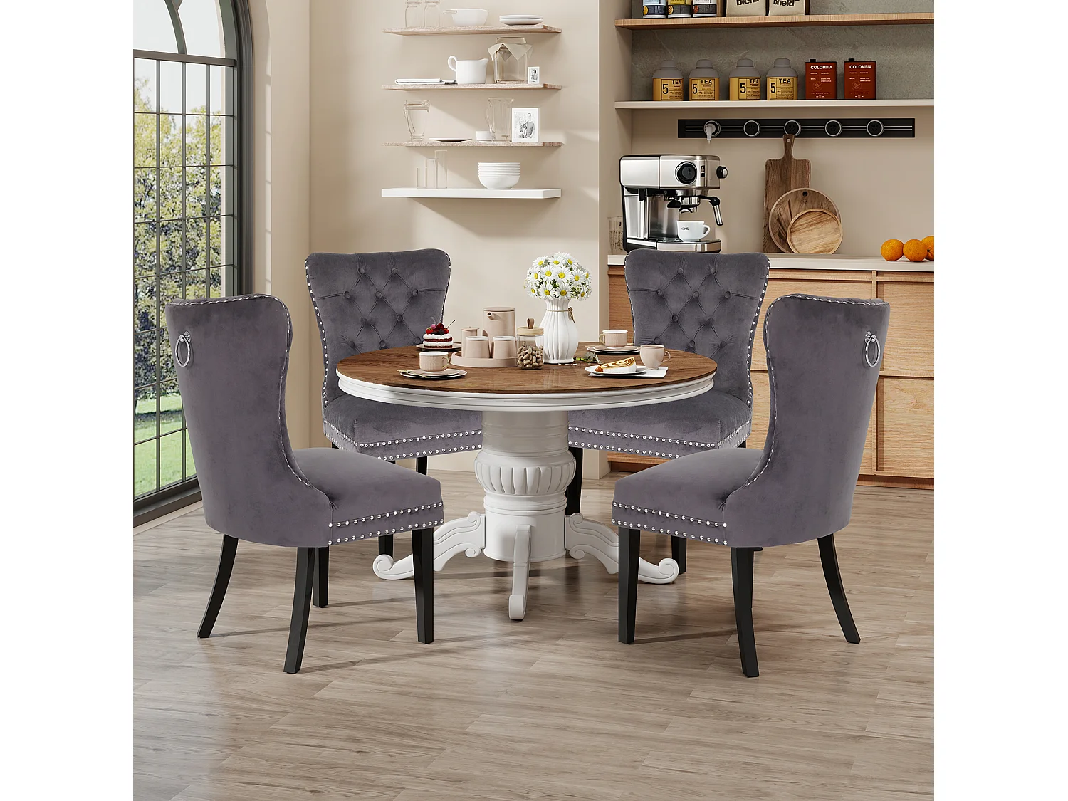 Lot de 4 chaises - Velours et pieds en bois massif - Gris - Puluomis