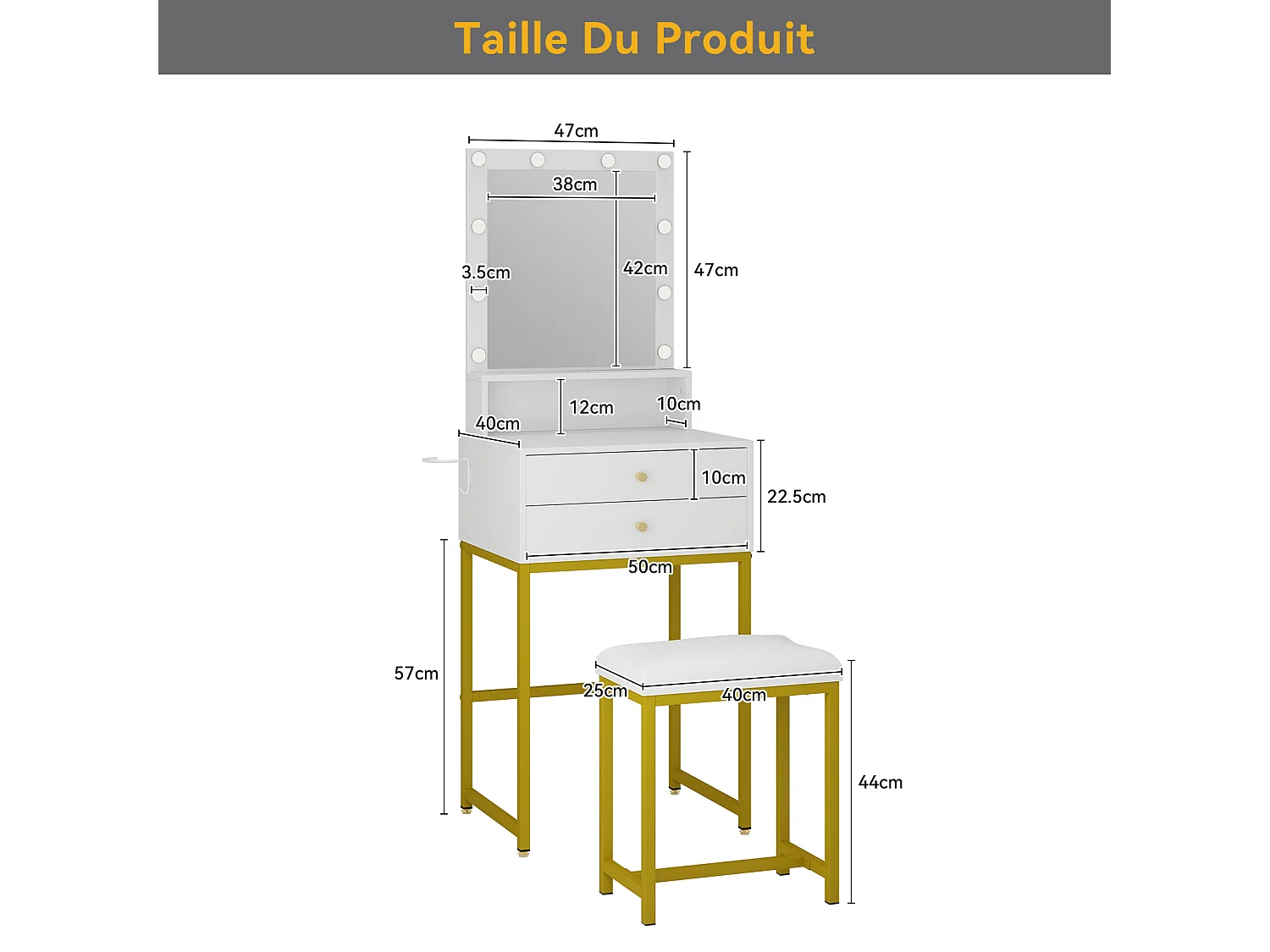 Coiffeuse miroir LED 10 ampoules - 2 tiroirs, étagère supérieure, support sèche-cheveux - 50 x 40 x 138.5 cm - blanc - Puluomis