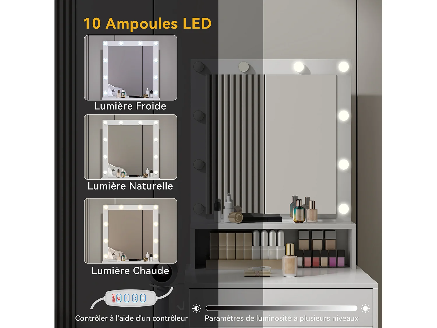 Coiffeuse miroir LED 10 ampoules - 2 tiroirs, étagère supérieure, support sèche-cheveux - 50 x 40 x 138.5 cm - blanc - Puluomis