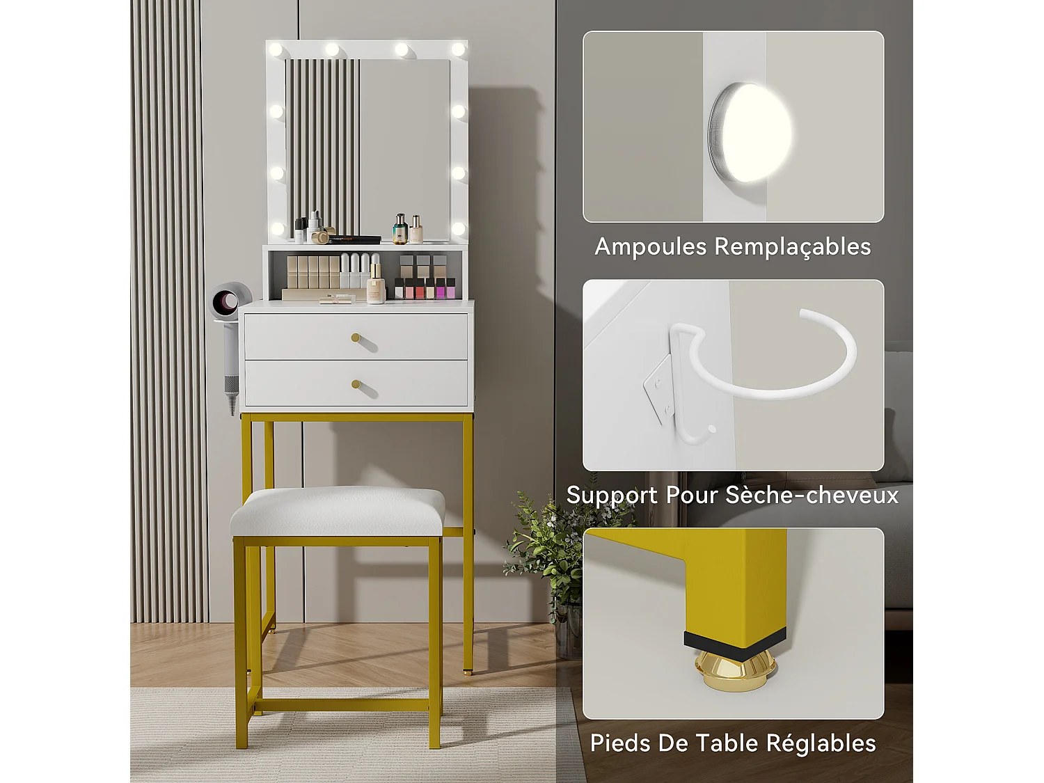 Coiffeuse miroir LED 10 ampoules - 2 tiroirs, étagère supérieure, support sèche-cheveux - 50 x 40 x 138.5 cm - blanc - Puluomis