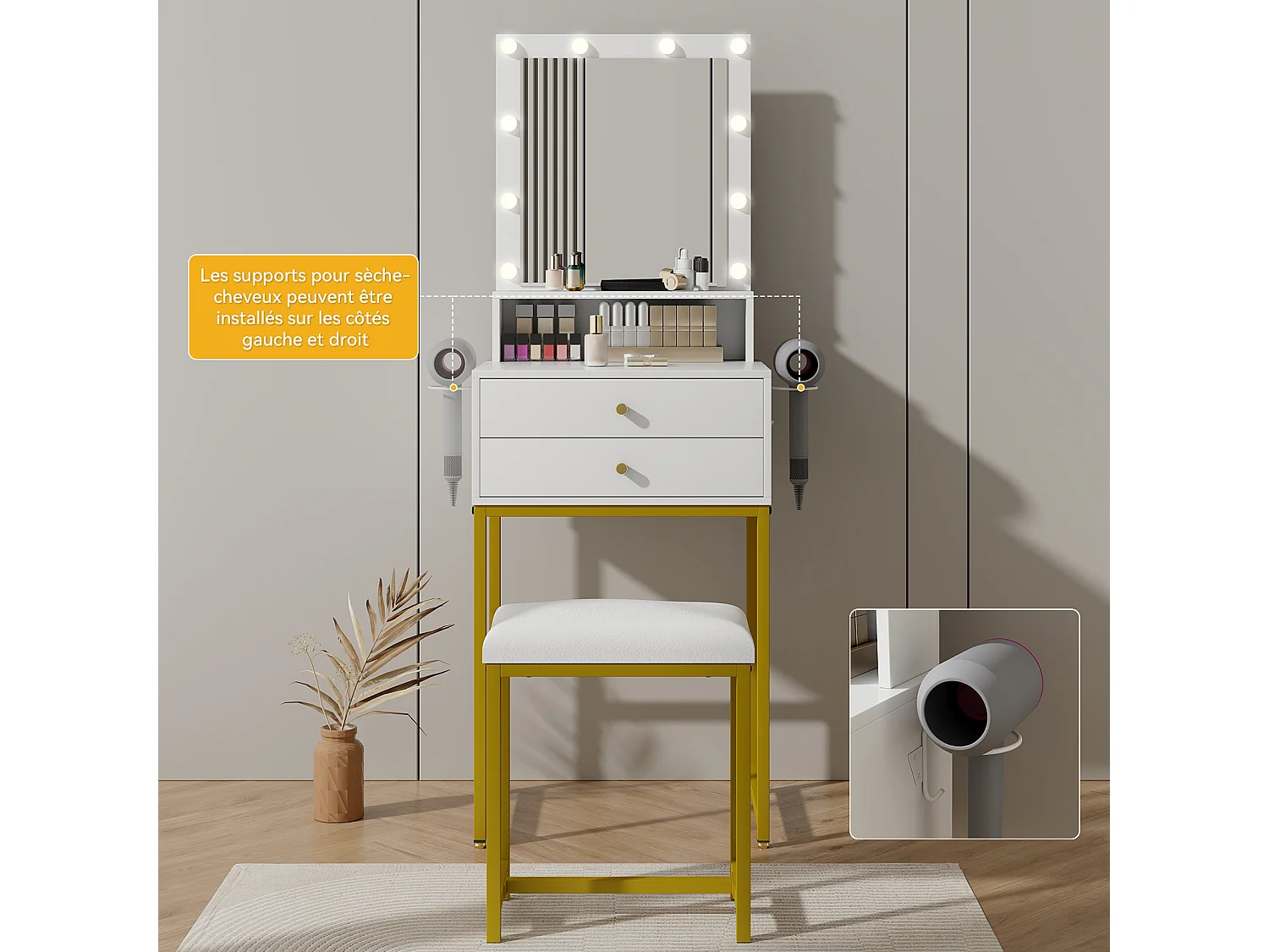 Coiffeuse miroir LED 10 ampoules - 2 tiroirs, étagère supérieure, support sèche-cheveux - 50 x 40 x 138.5 cm - blanc - Puluomis
