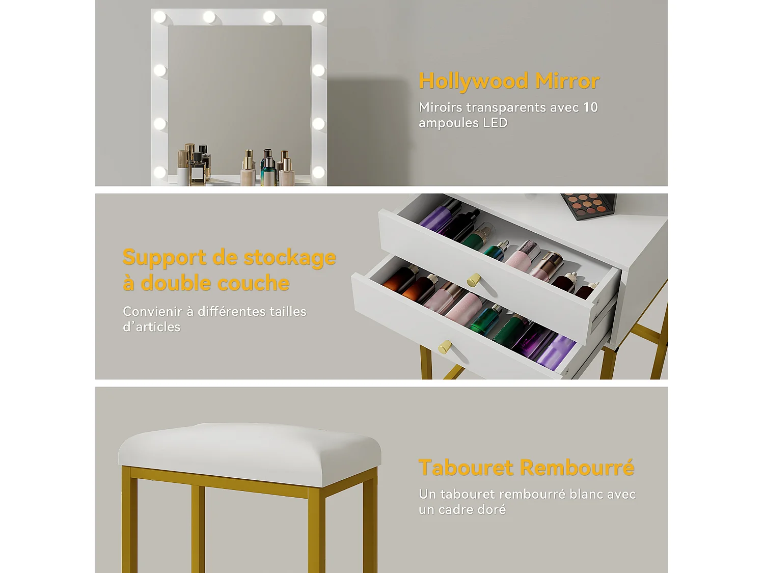 Coiffeuse miroir LED 10 ampoules - 2 tiroirs, étagère supérieure, support sèche-cheveux - 50 x 40 x 138.5 cm - blanc - Puluomis