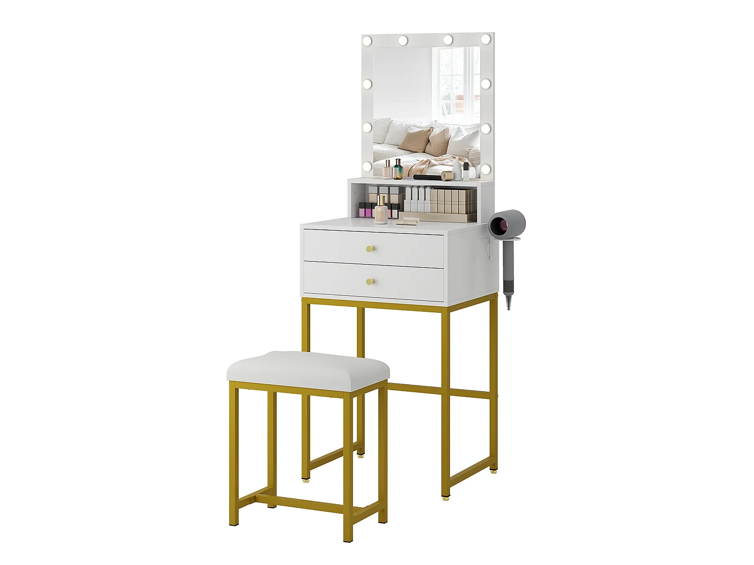 Coiffeuse miroir LED 10 ampoules - 2 tiroirs, étagère supérieure, support sèche-cheveux - 50 x 40 x 138.5 cm - blanc - Puluomis
