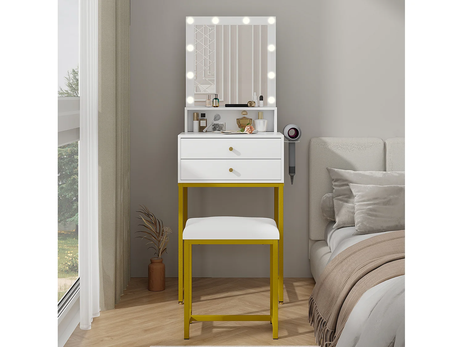 Coiffeuse miroir LED 10 ampoules - 2 tiroirs, étagère supérieure, support sèche-cheveux - 50 x 40 x 138.5 cm - blanc - Puluomis