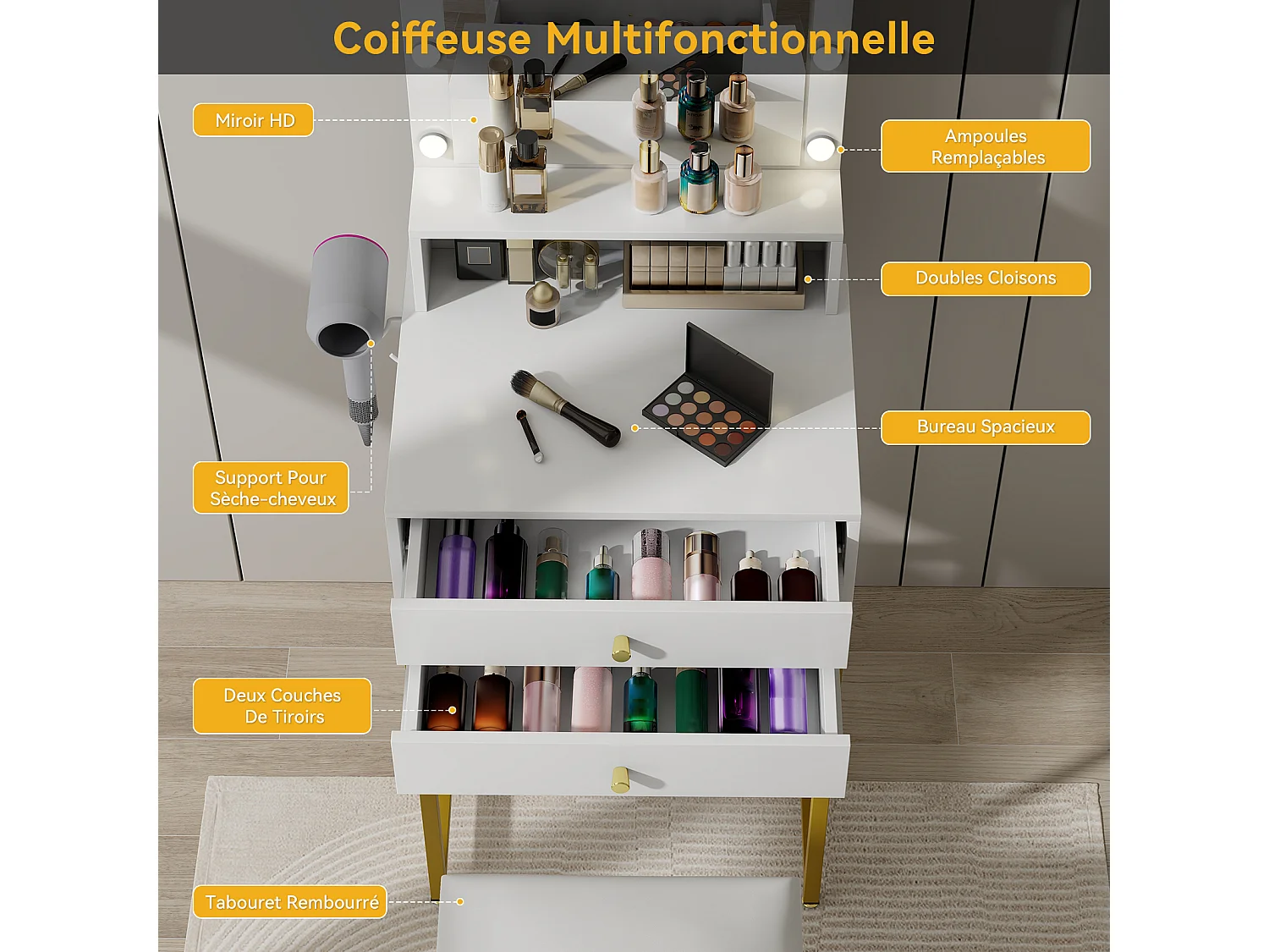 Coiffeuse miroir LED 10 ampoules - 2 tiroirs, étagère supérieure, support sèche-cheveux - 50 x 40 x 138.5 cm - blanc - Puluomis