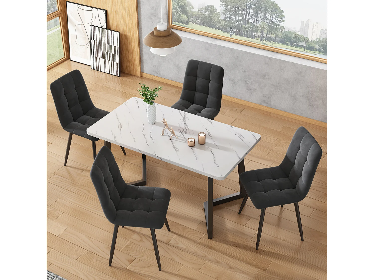 Lot de 4 chaises de salle à manger, en velours, modernes, rembourrées, structure en métal gris