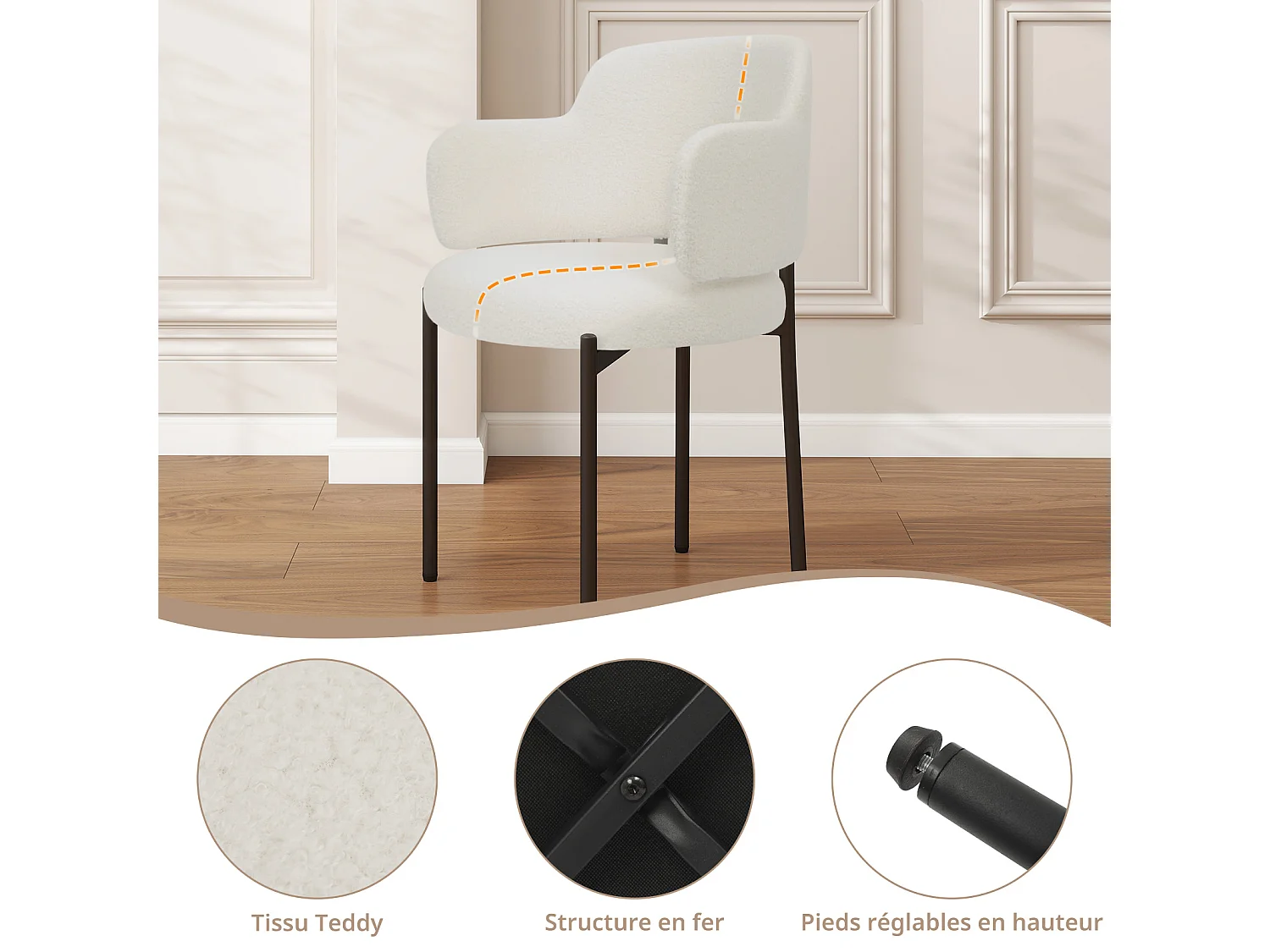 Chaises de Salle à Manger Bouclettes Rembourrées avec Accoudoirs - Dossier Découpé, Éponge Épaisse, Fauteuil Salon Cuisine Coiffeuse, Ergonomique