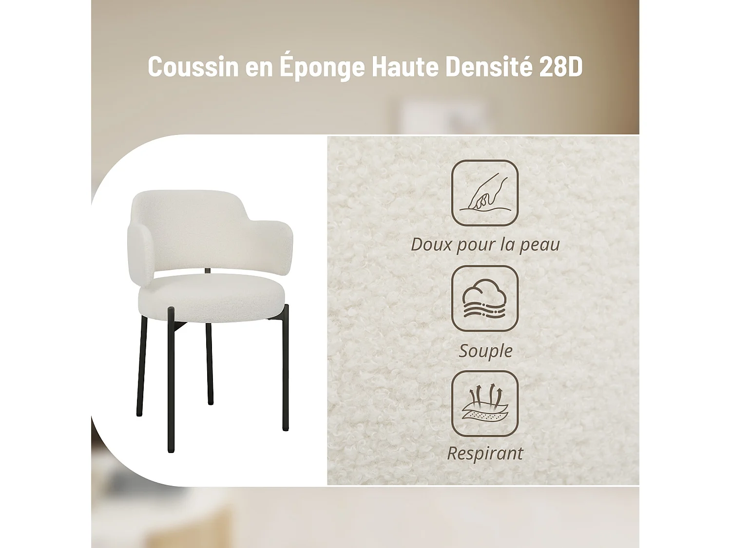 Chaises de Salle à Manger Bouclettes Rembourrées avec Accoudoirs - Dossier Découpé, Éponge Épaisse, Fauteuil Salon Cuisine Coiffeuse, Ergonomique