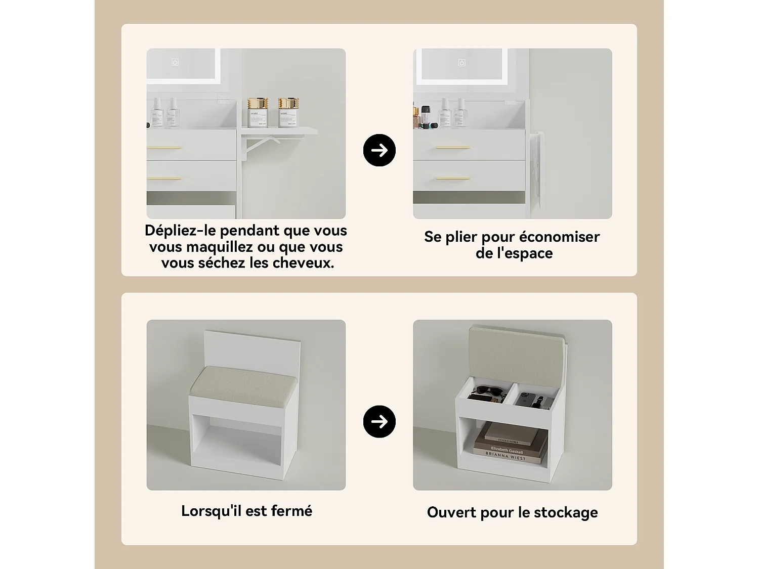 Coiffeuse miroir LED pliable 3 teintes - verre trempé, 2 tiroirs, panneau rabattable, tabouret roulettes - 50x44.5x133cm - Blanc - Puluomis