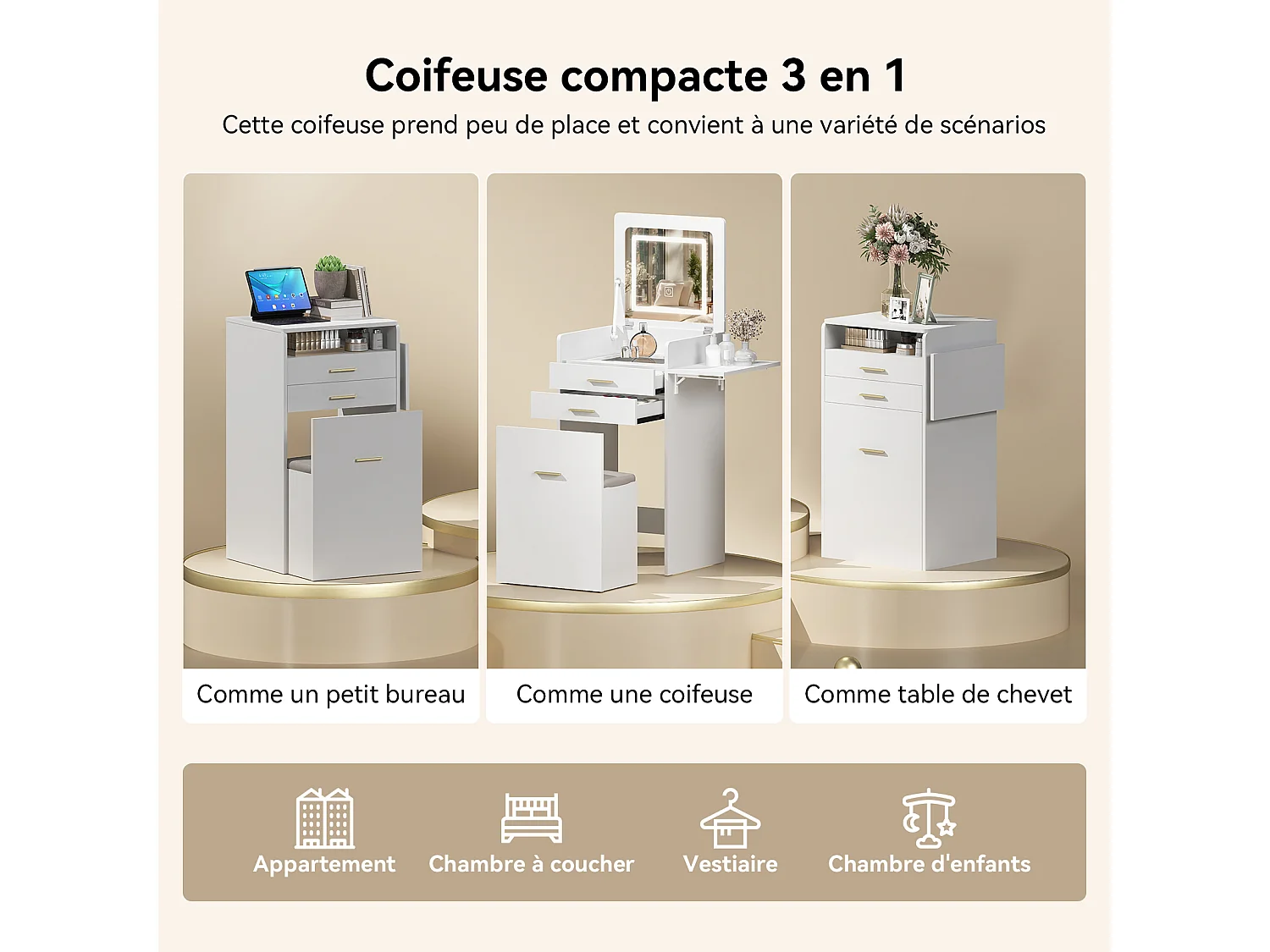 Coiffeuse miroir LED pliable 3 teintes - verre trempé, 2 tiroirs, panneau rabattable, tabouret roulettes - 50x44.5x133cm - Blanc - Puluomis