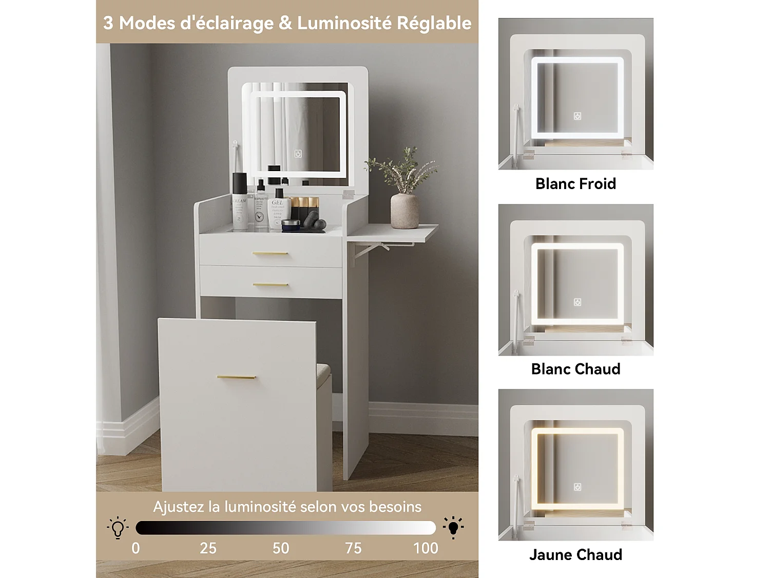 Coiffeuse miroir LED pliable 3 teintes - verre trempé, 2 tiroirs, panneau rabattable, tabouret roulettes - 50x44.5x133cm - Blanc - Puluomis