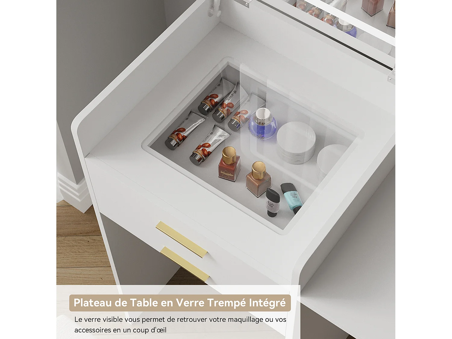 Coiffeuse miroir LED pliable 3 teintes - verre trempé, 2 tiroirs, panneau rabattable, tabouret roulettes - 50x44.5x133cm - Blanc - Puluomis