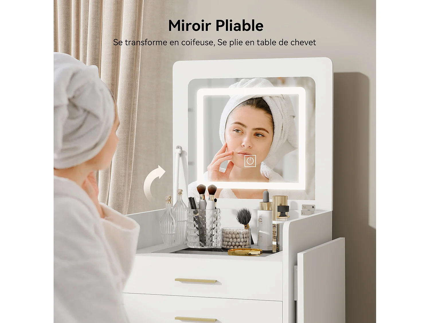 Coiffeuse miroir LED pliable 3 teintes - verre trempé, 2 tiroirs, panneau rabattable, tabouret roulettes - 50x44.5x133cm - Blanc - Puluomis