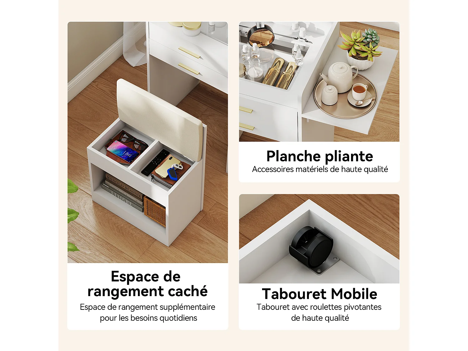 Coiffeuse miroir LED pliable 3 teintes - verre trempé, 2 tiroirs, panneau rabattable, tabouret roulettes - 50x44.5x133cm - Blanc - Puluomis