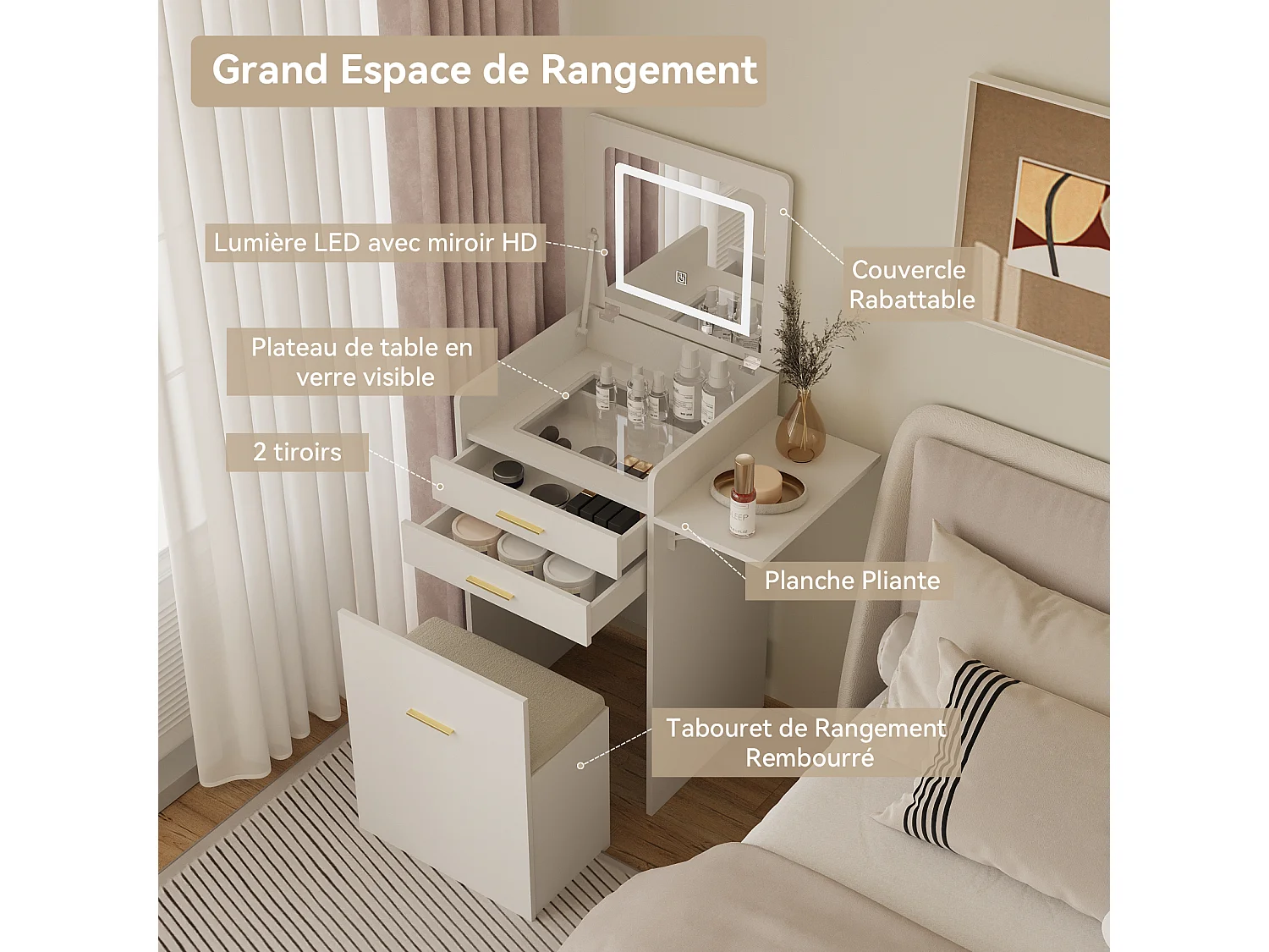 Coiffeuse miroir LED pliable 3 teintes - verre trempé, 2 tiroirs, panneau rabattable, tabouret roulettes - 50x44.5x133cm - Blanc - Puluomis