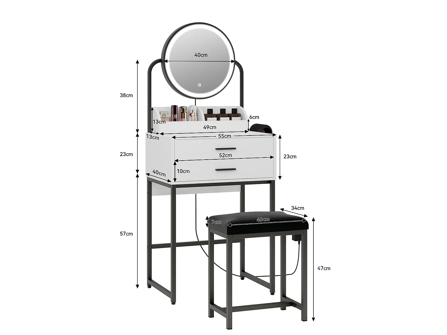 Coiffeuse avec miroir rond LED 3 modes d’éclairage, 2 tiroirs compartimentés, support sèche-cheveux, tabouret rembourré PU, Noir 55x40x118cm - Puluomis