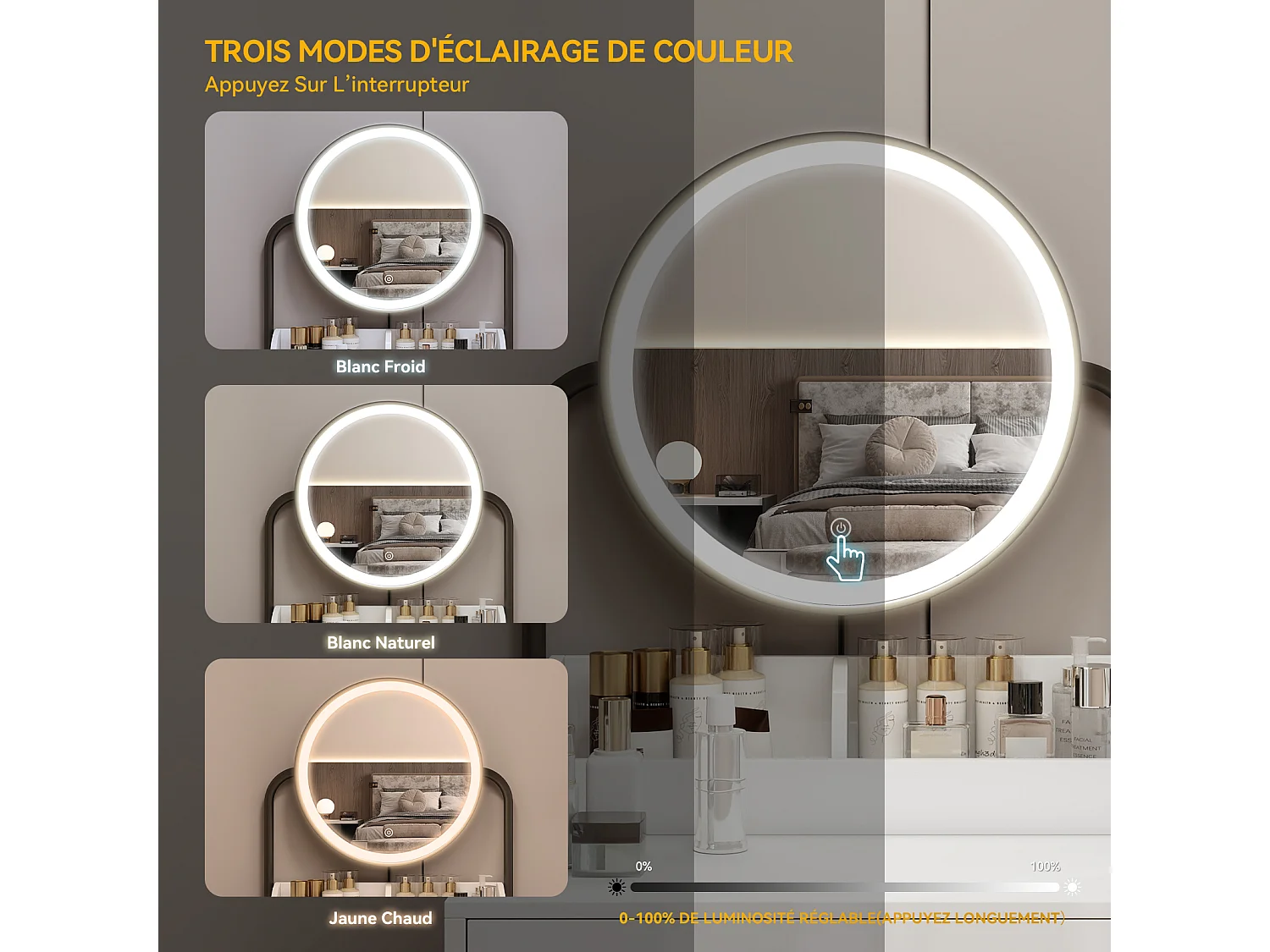 Coiffeuse avec miroir rond LED 3 modes d’éclairage, 2 tiroirs compartimentés, support sèche-cheveux, tabouret rembourré PU, Noir 55x40x118cm - Puluomis