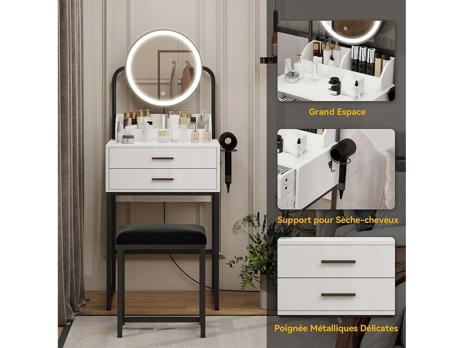 Coiffeuse avec miroir rond LED 3 modes d’éclairage, 2 tiroirs compartimentés, support sèche-cheveux, tabouret rembourré PU, Noir 55x40x118cm - Puluomis