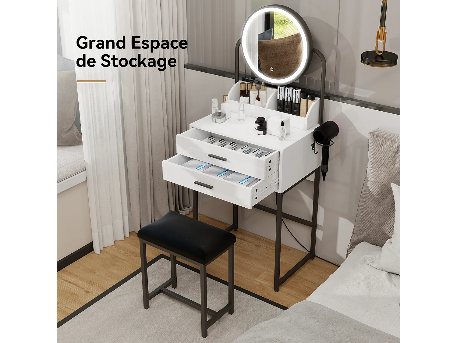 Coiffeuse avec miroir rond LED 3 modes d’éclairage, 2 tiroirs compartimentés, support sèche-cheveux, tabouret rembourré PU, Noir 55x40x118cm - Puluomis